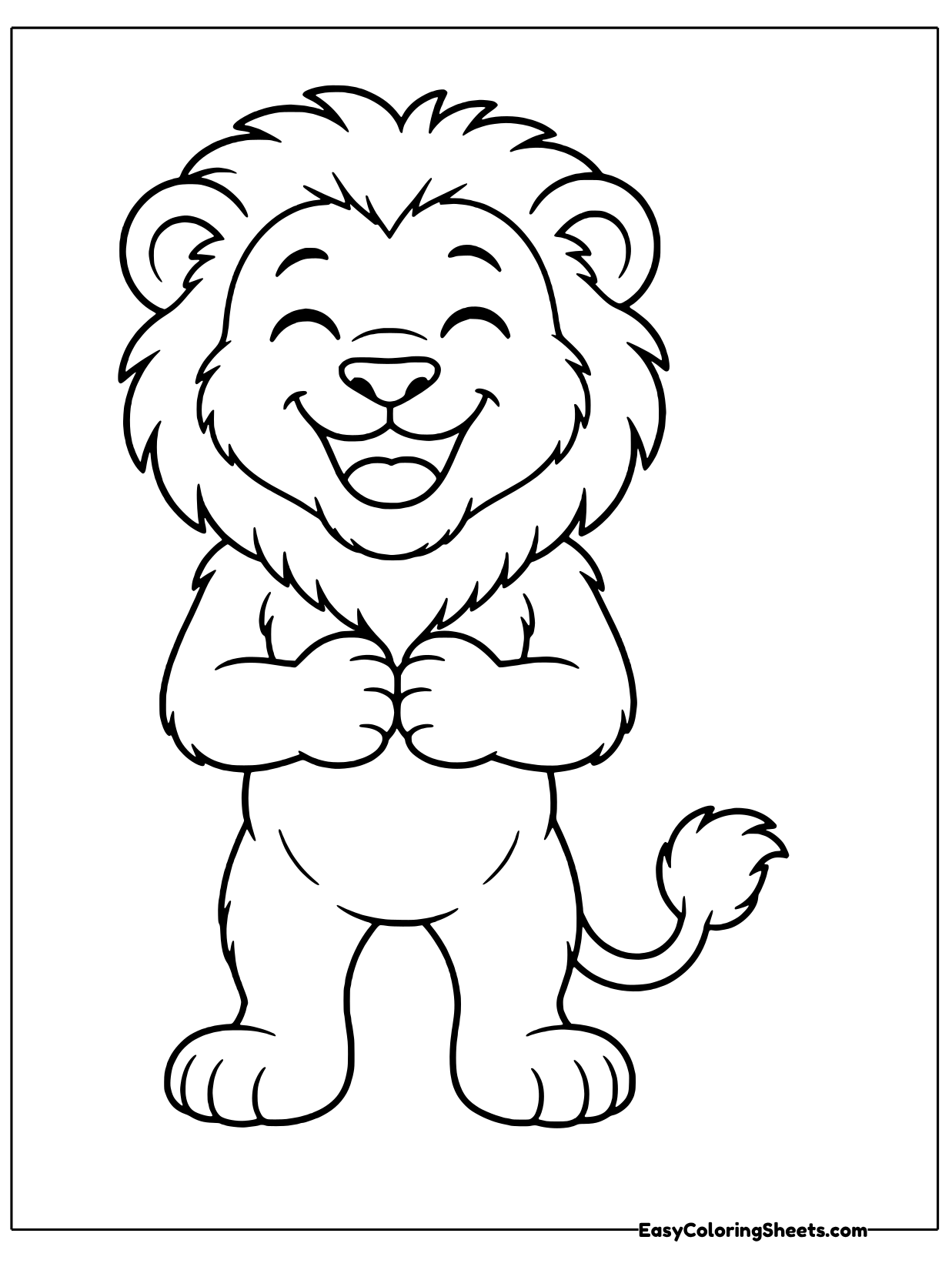 A lion stands with its paws together, eyes closed and a peaceful smile under its fluffy mane.