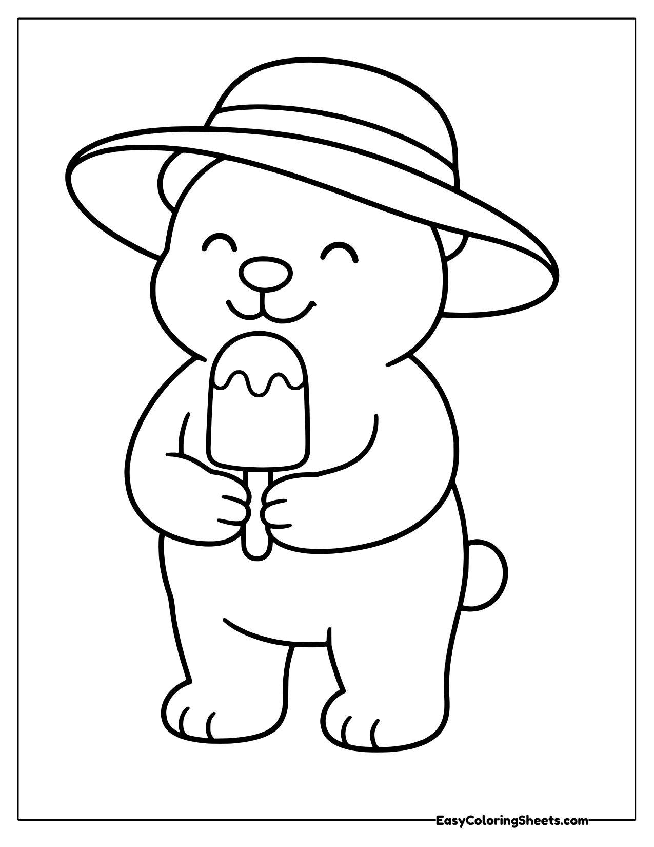 Smiling bear in a floppy sun hat holding a dripping ice pop