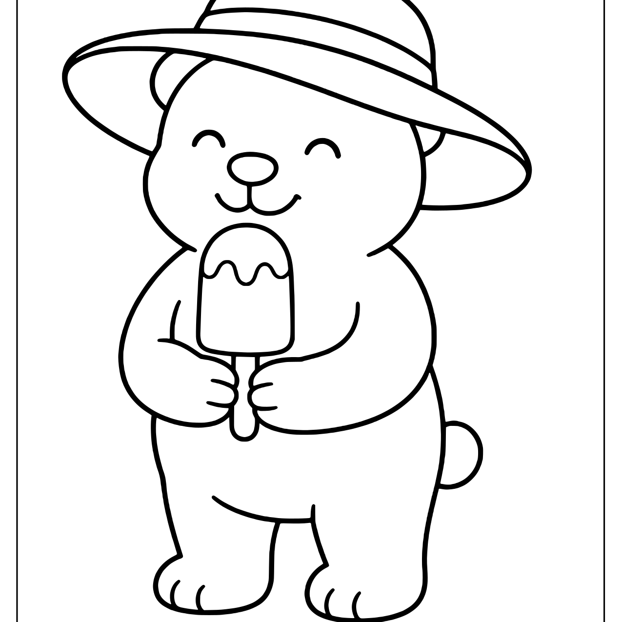 Smiling bear in a floppy sun hat holding a dripping ice pop