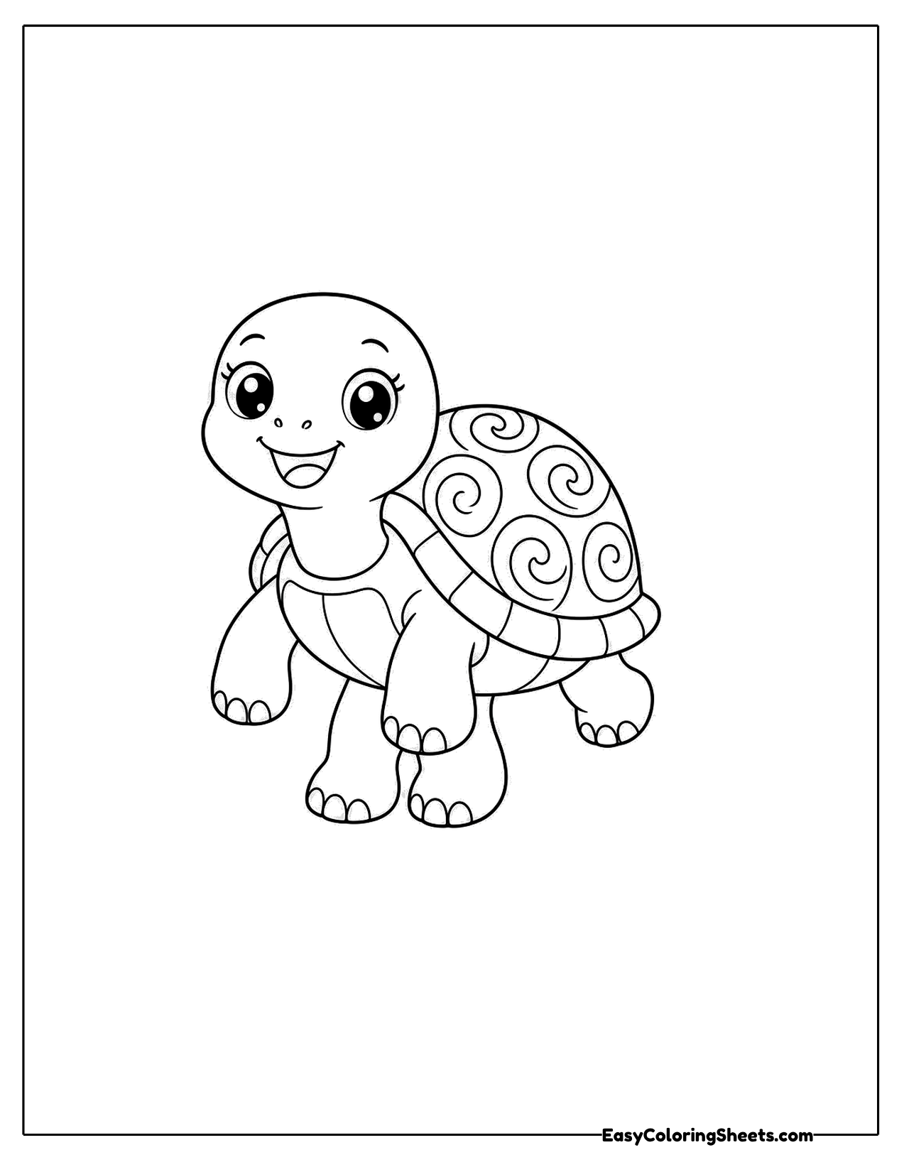 Turtle with a spiral patterned shell walking forward