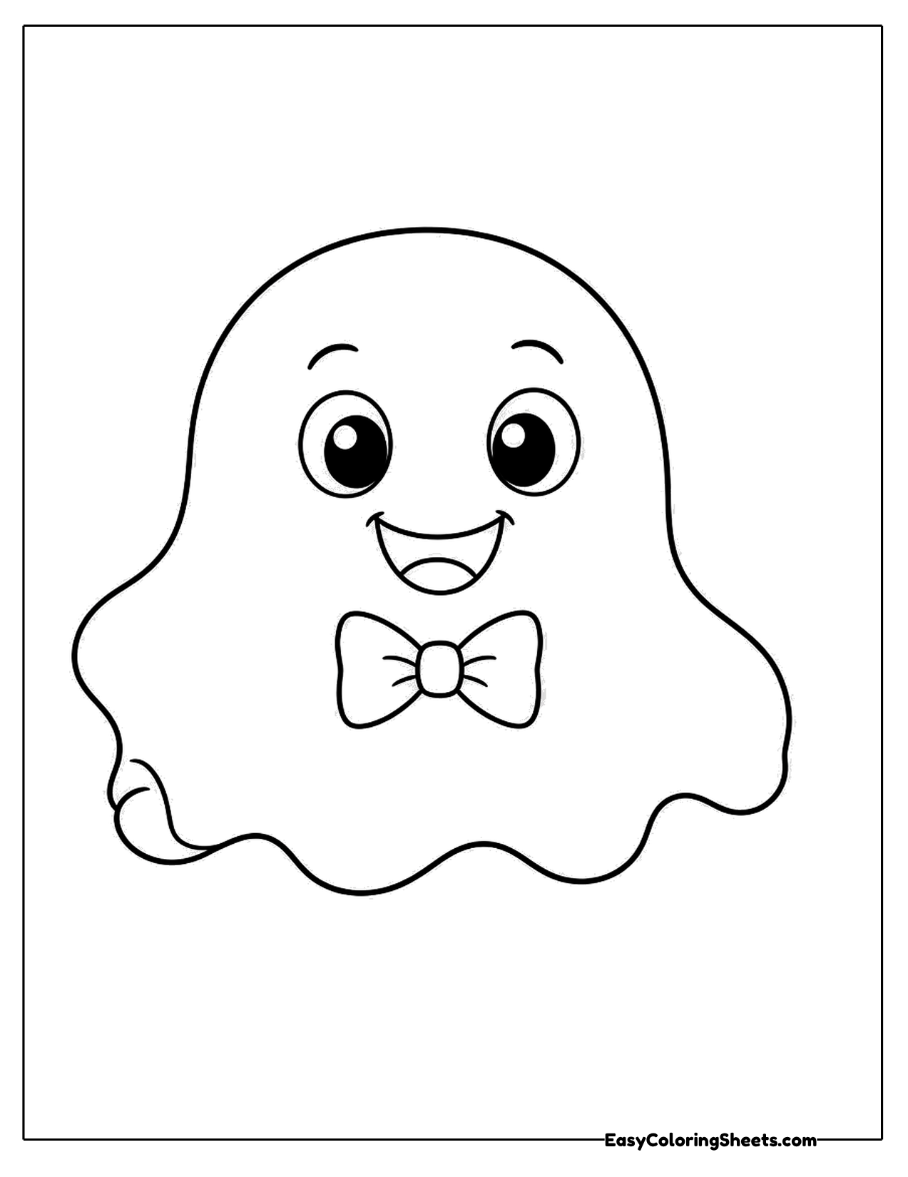 Round ghost wearing a bow tie with a big smile