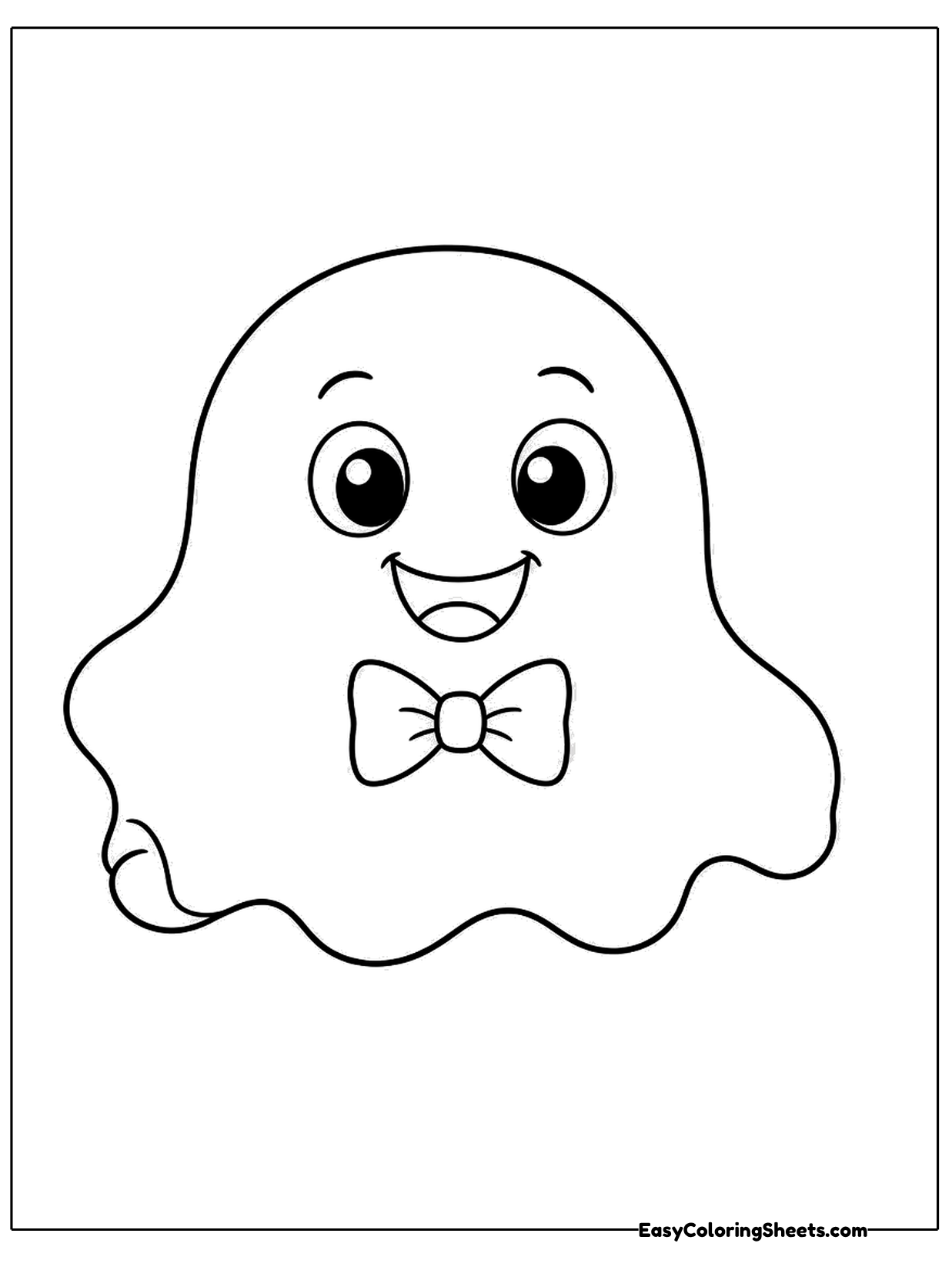 A round little ghost in a neat bow tie grins from the middle of the page, ready for a Halloween party.