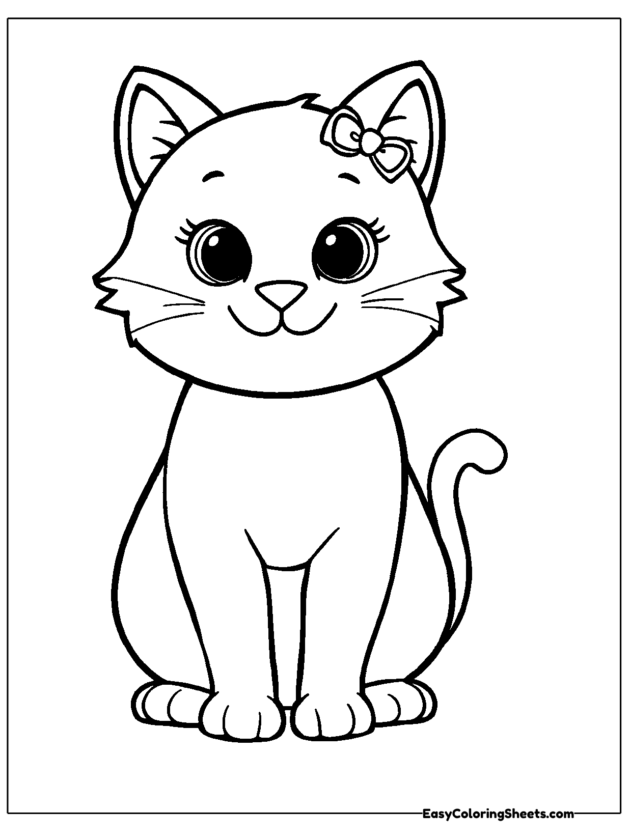 A cute cat with huge sparkly eyes and a small bow on one ear sits tall with its tail curling behind.