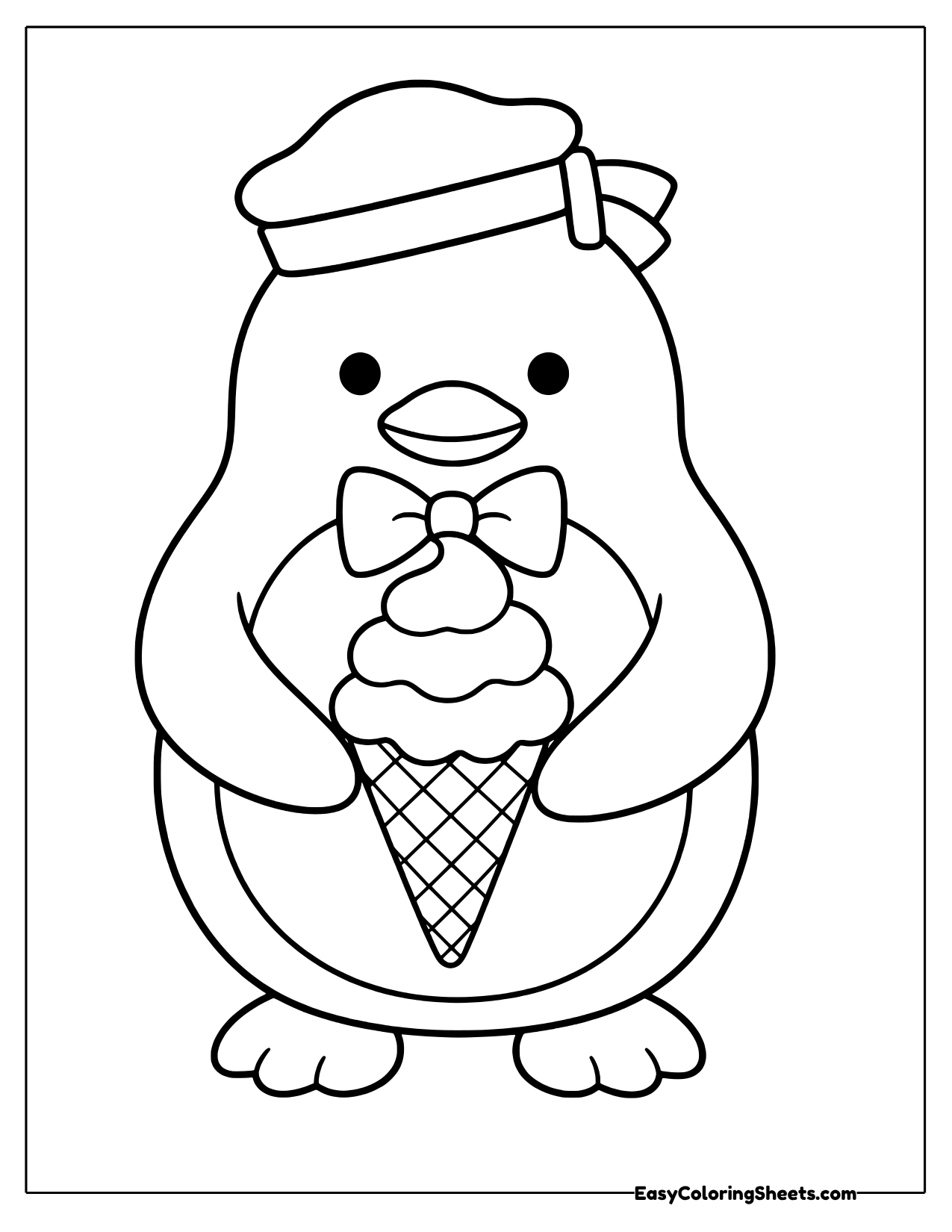 Tuxedo Sam the penguin in a sailor cap and bow tie holding an ice cream cone