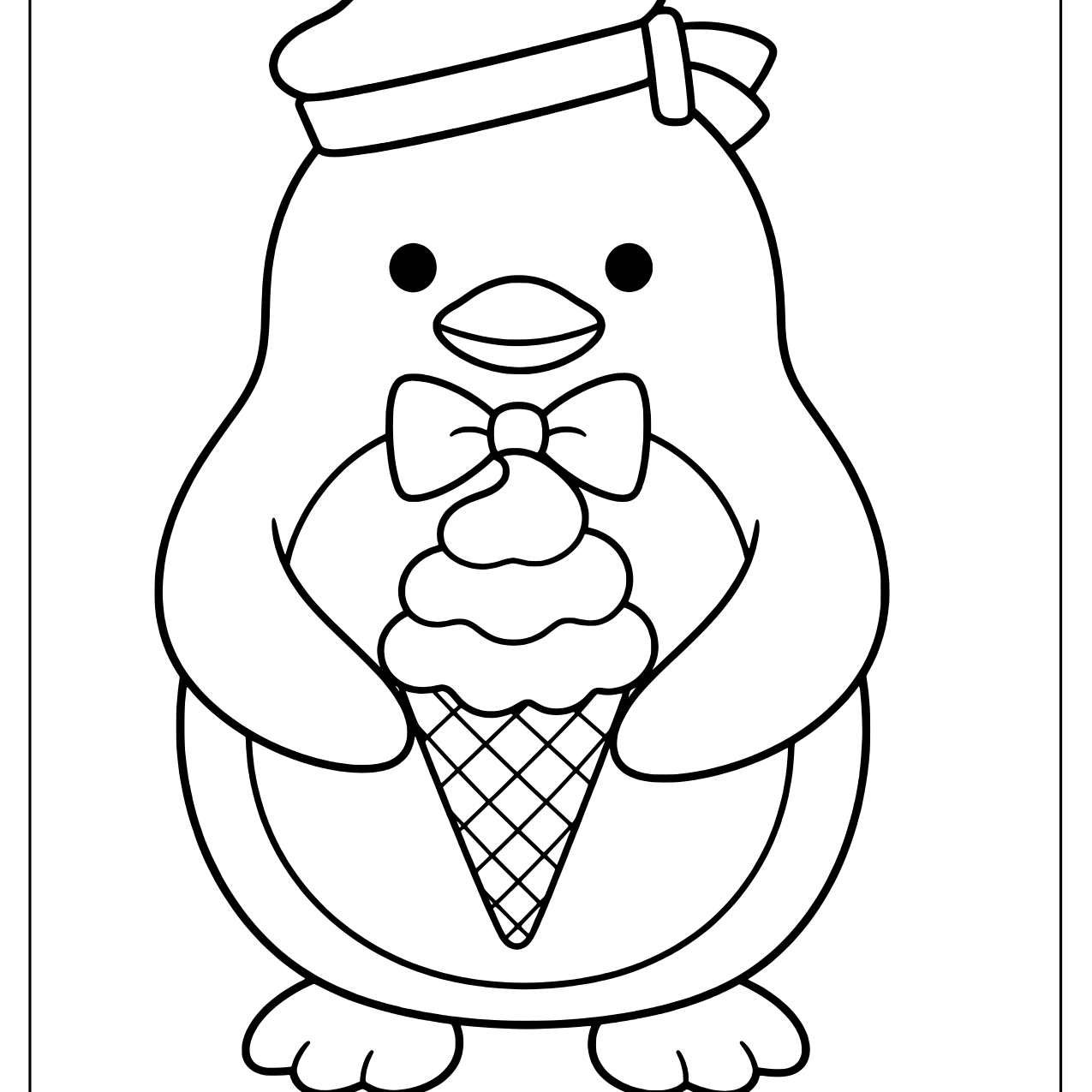 Tuxedo Sam the penguin in a sailor cap and bow tie holding an ice cream cone