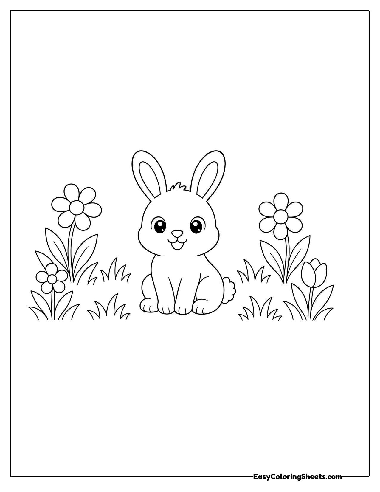 Bunny sitting in a meadow between simple flowers