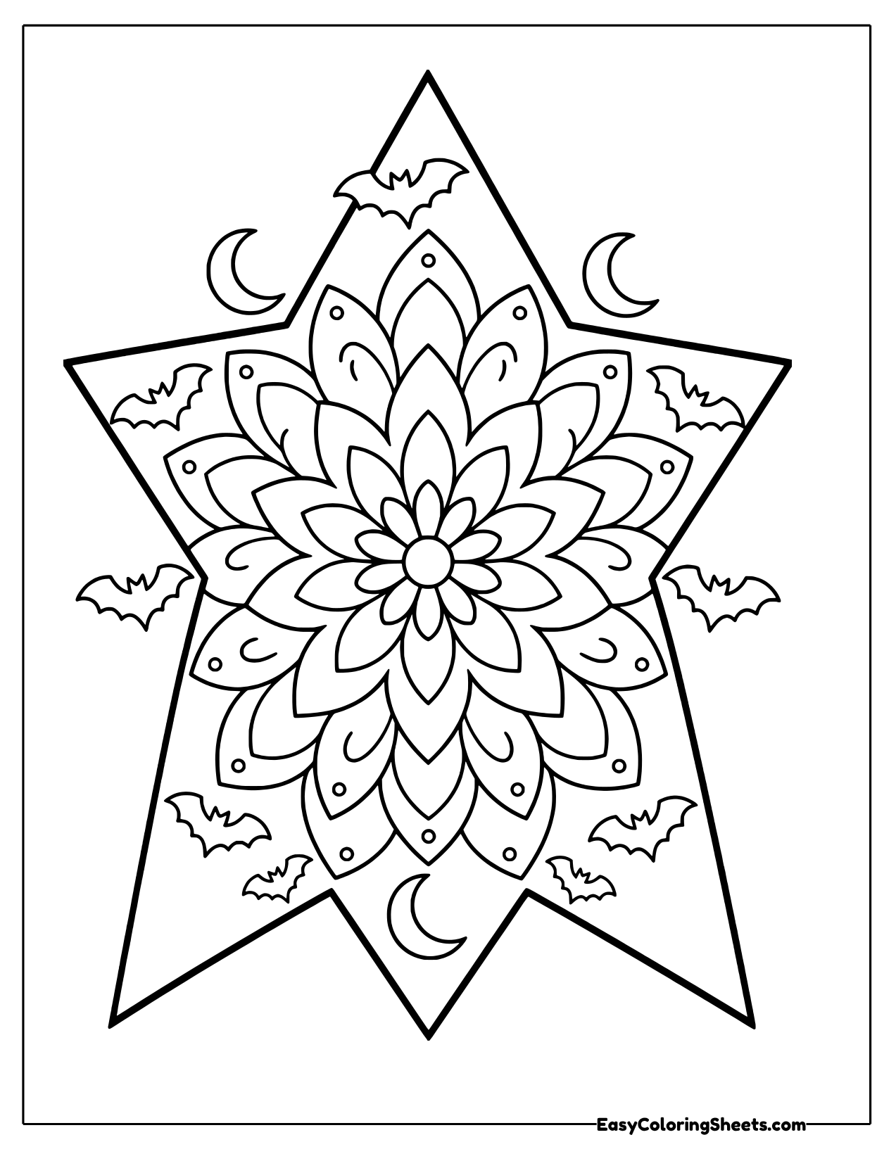 Five pointed star mandala with a layered flower, crescent moons and bats around it