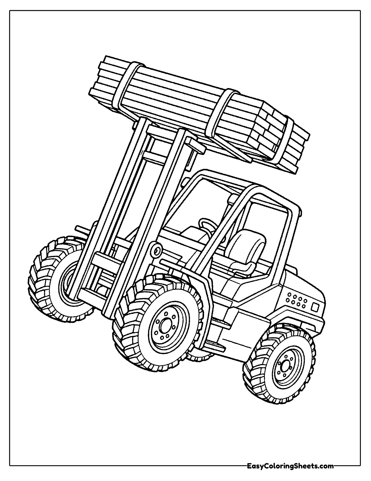Off road forklift tipping a load of lumber planks overhead