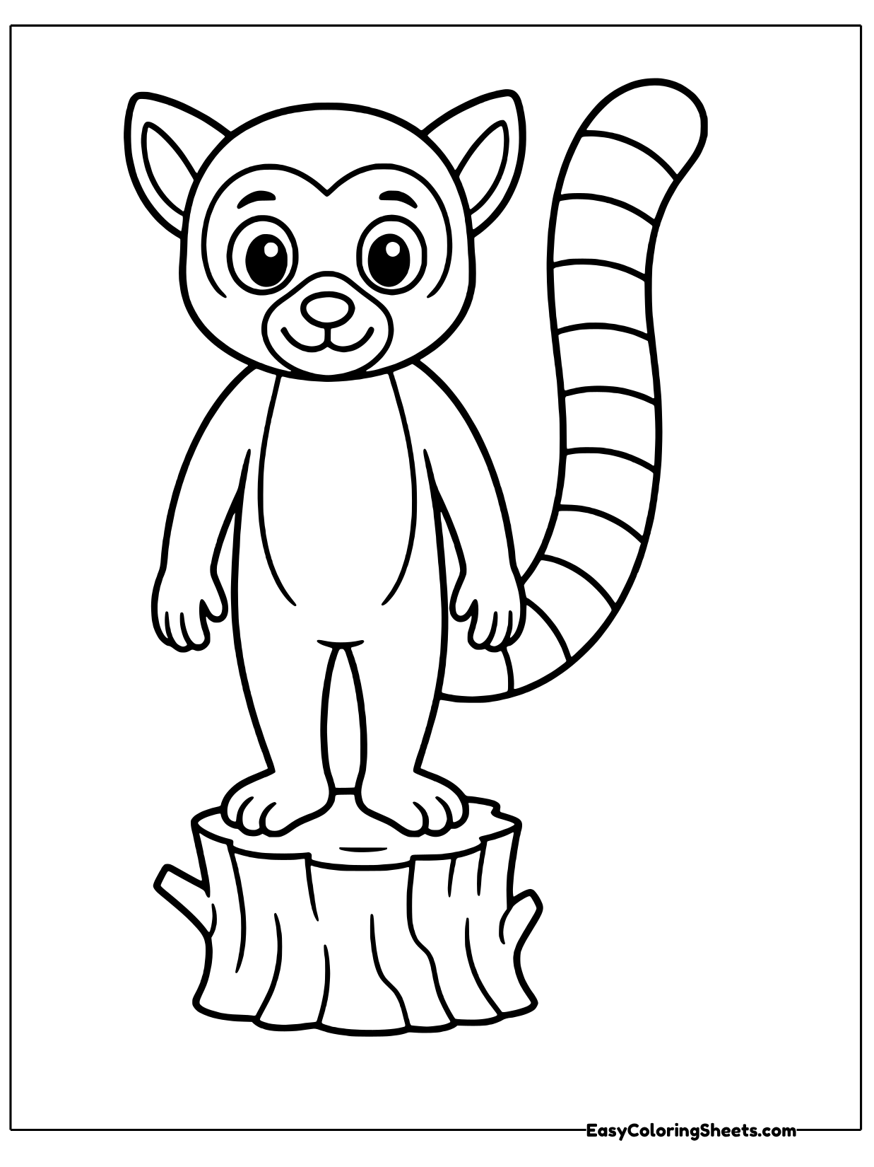 A lemur stands upright on a short tree stump with its long ringed tail curling into the air.