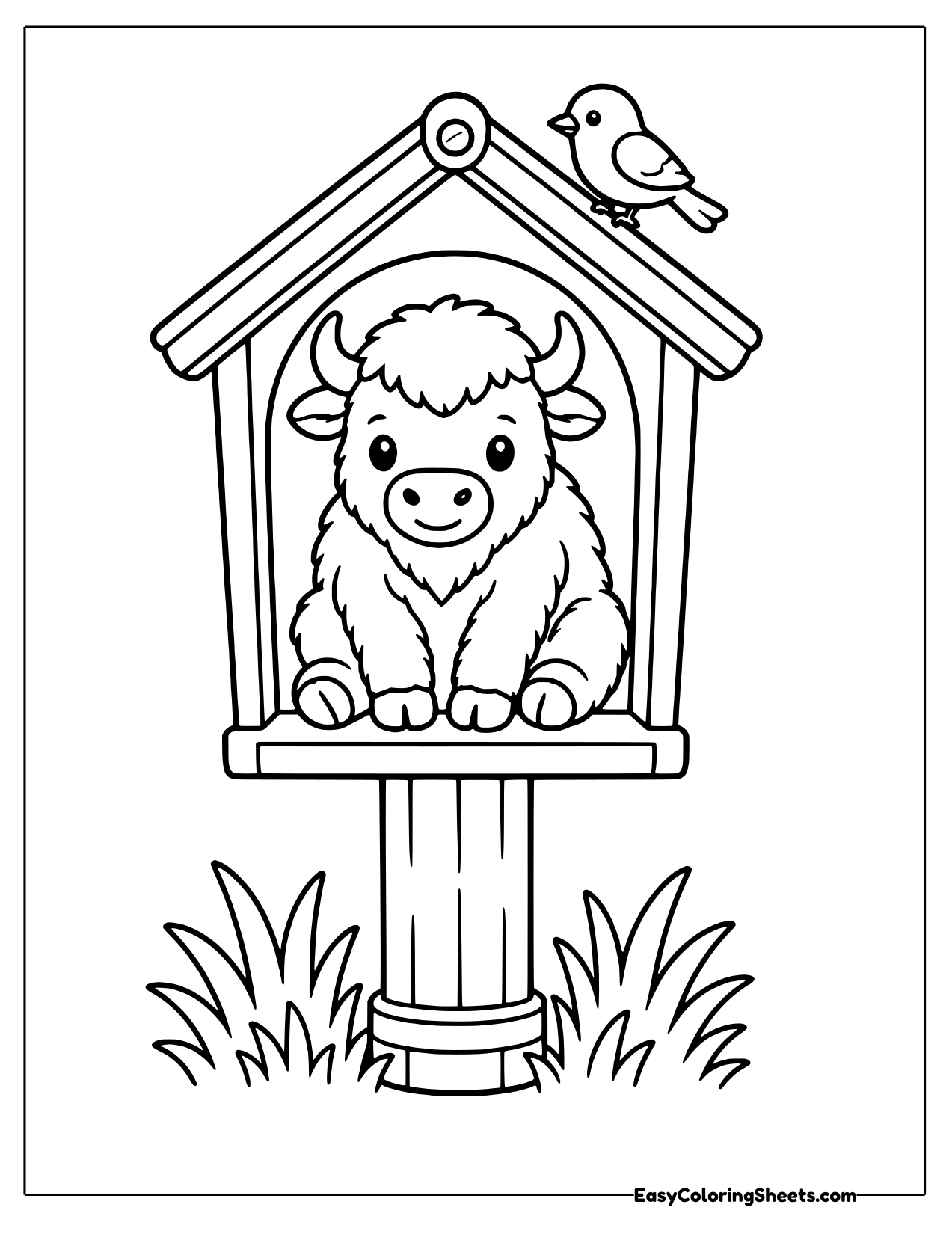 Bison peeking out of a birdhouse