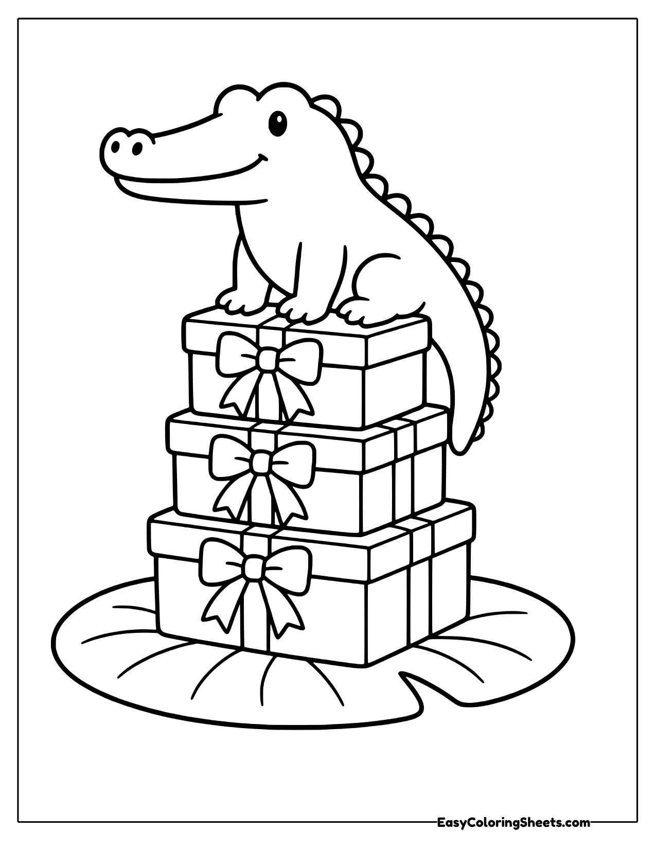 A crocodile sits on top of three stacked gift boxes tied with bows, set on a lily pad.