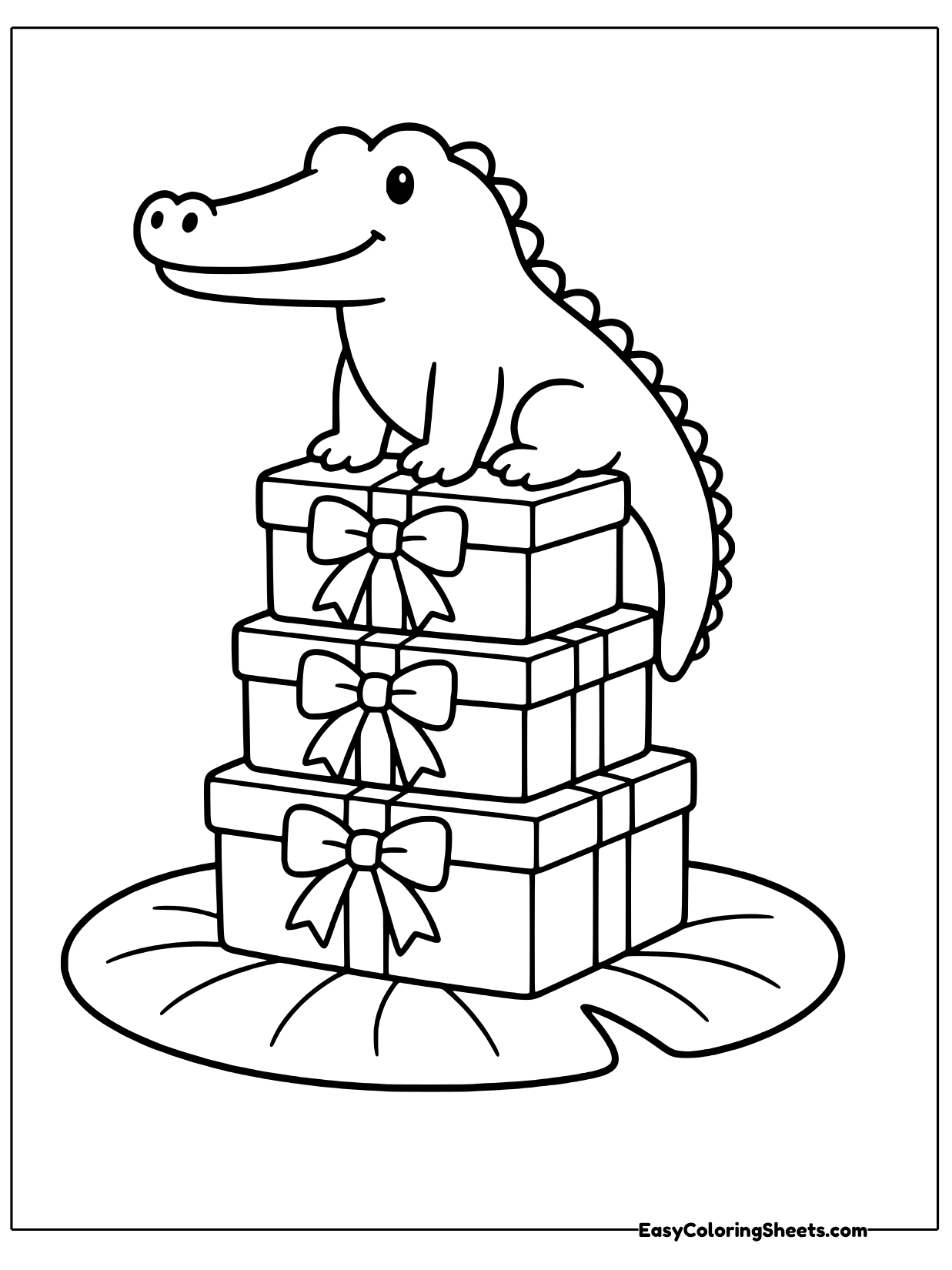 A crocodile sits on top of three stacked gift boxes tied with bows, set on a lily pad.