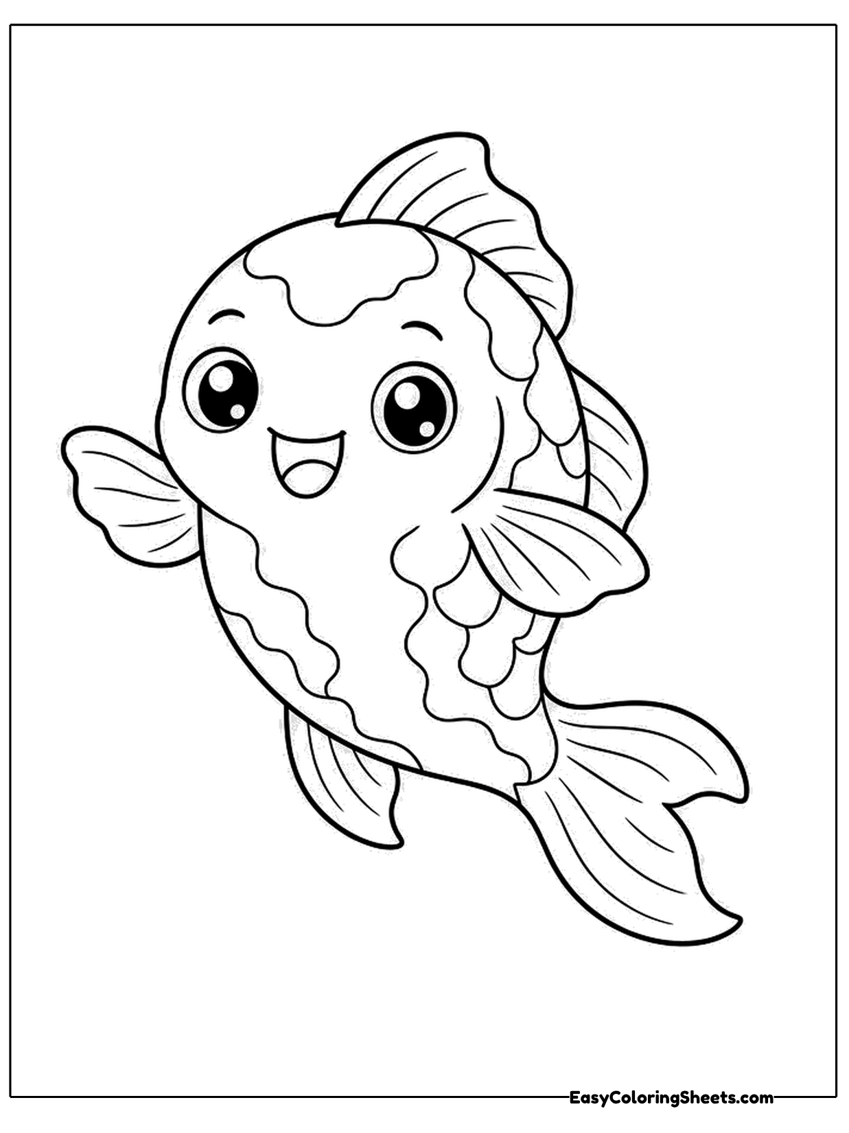 A round cartoon koi with big shiny eyes and a happy smile swims with flowing fins and a wavy tail.