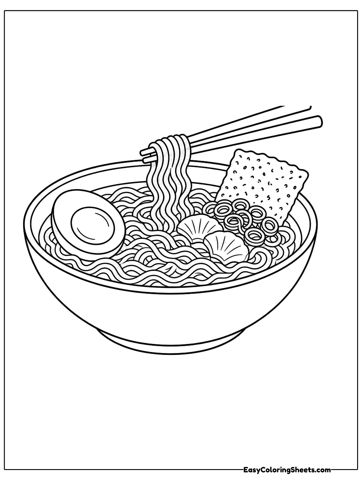 A deep bowl of ramen holds noodles, a halved boiled egg, sliced toppings and a sheet of seaweed.