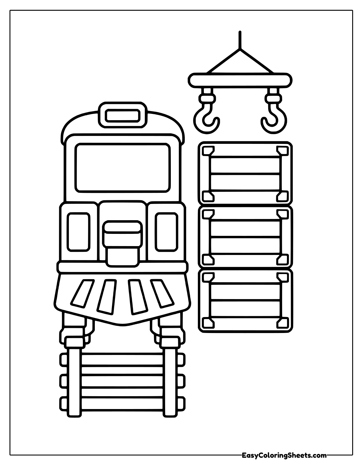 Front of a freight engine beside a cargo crane