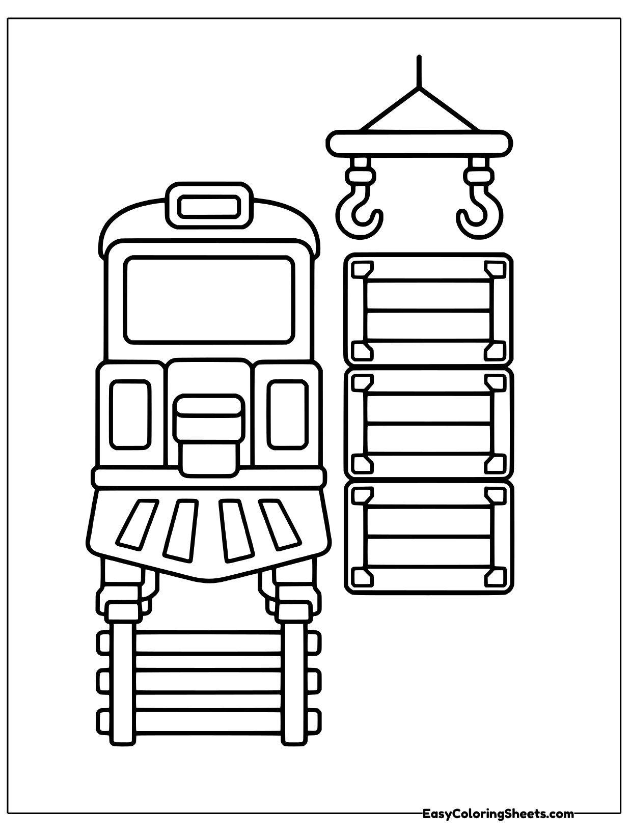 The boxy front of a freight locomotive stands beside a hanging cargo container lifted by a crane hook.