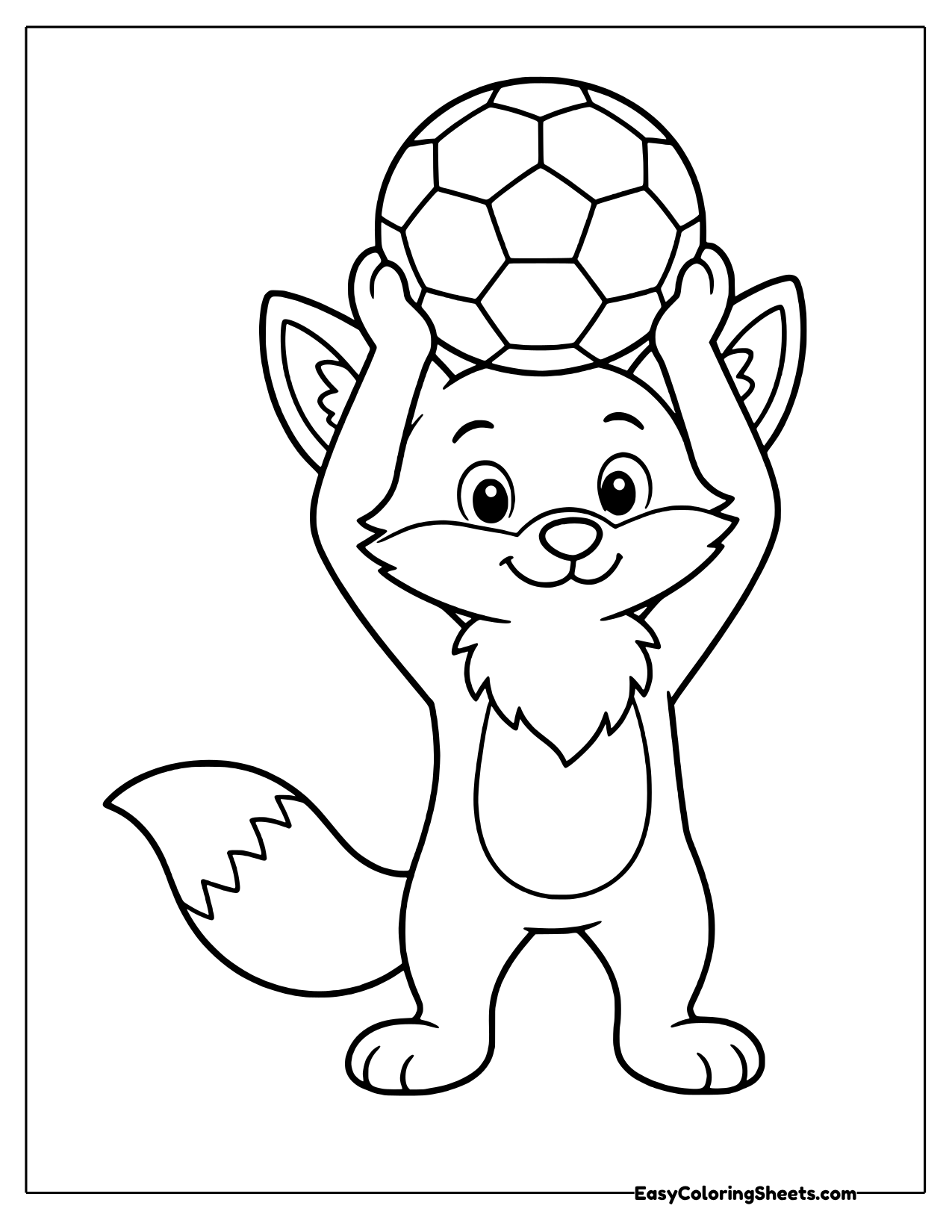 Cheerful fox lifting a soccer ball high above its head