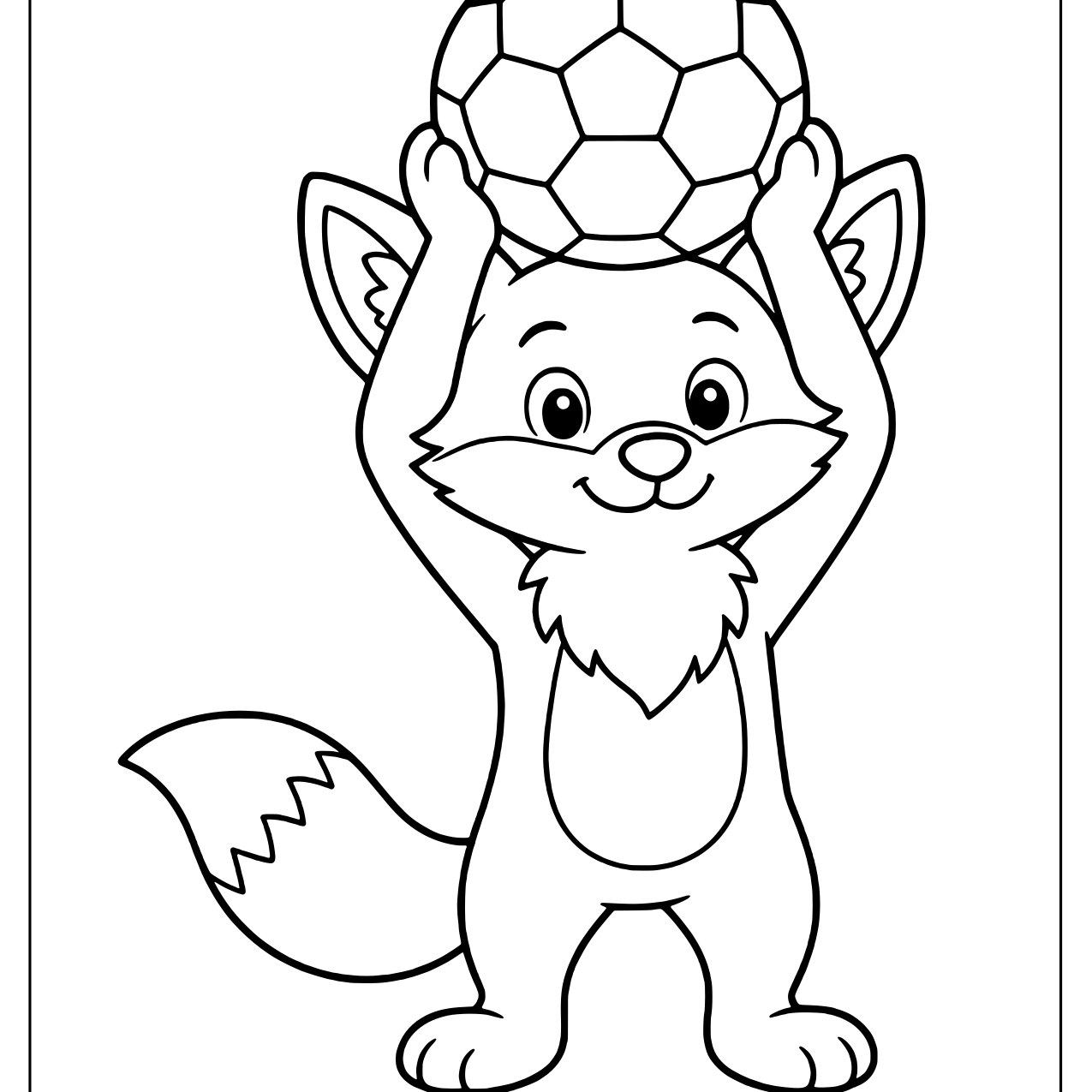 Cheerful fox lifting a soccer ball high above its head