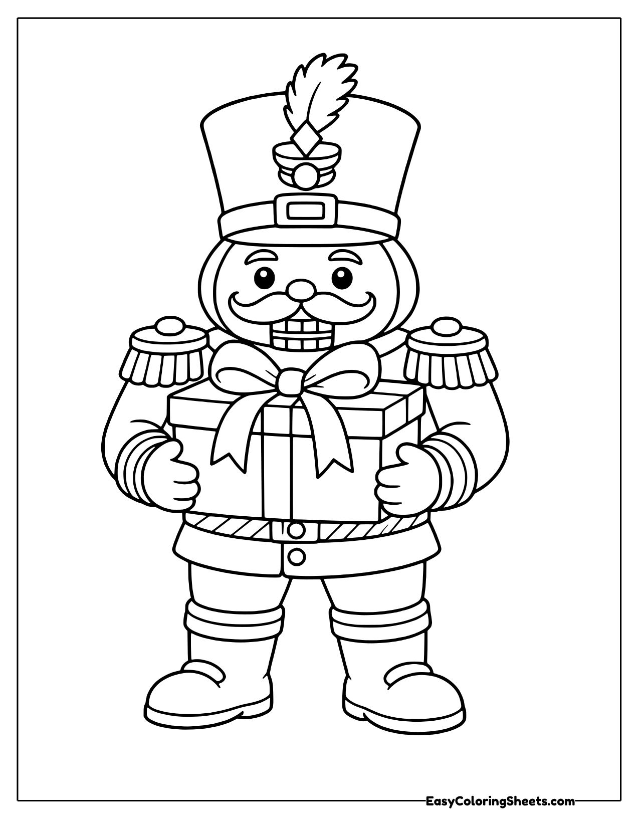 Nutcracker carrying a wrapped present with a bow