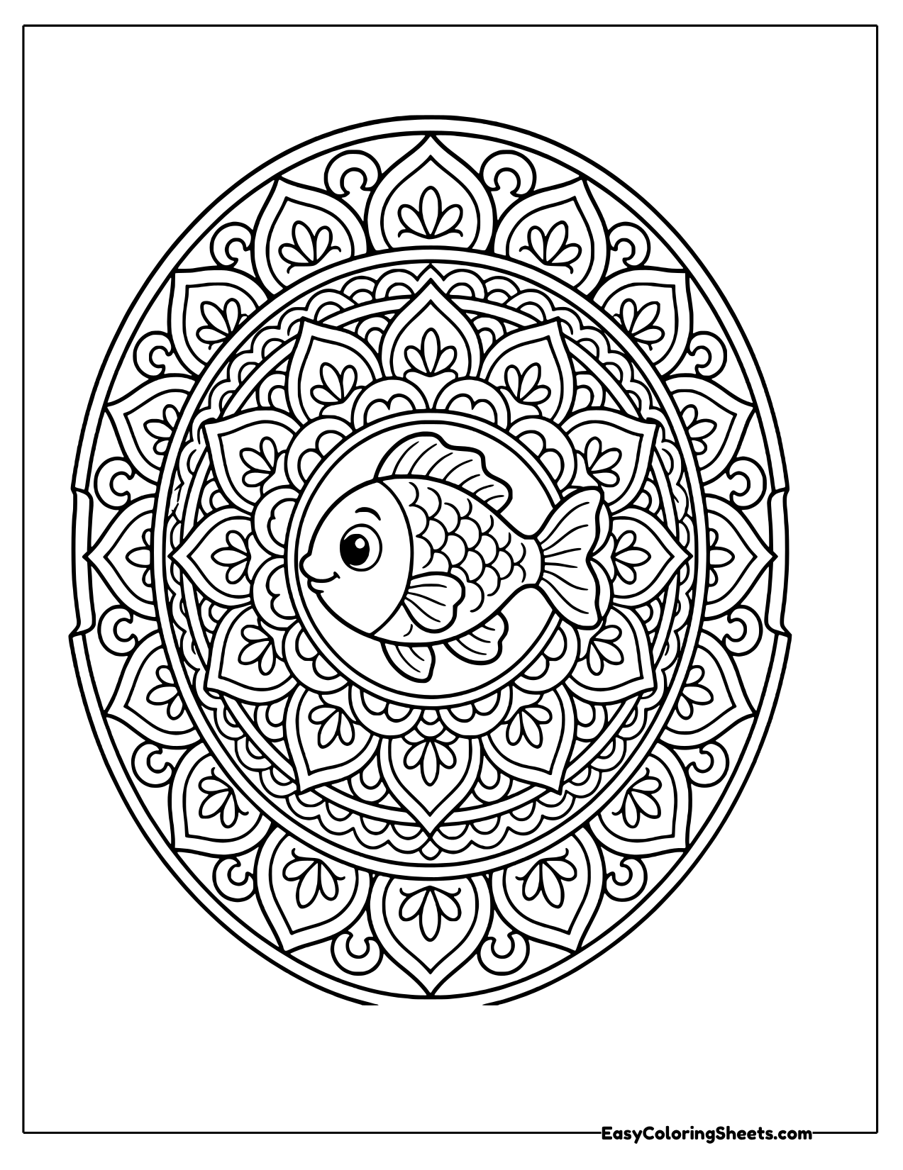 Oval mandala with a fish at its center