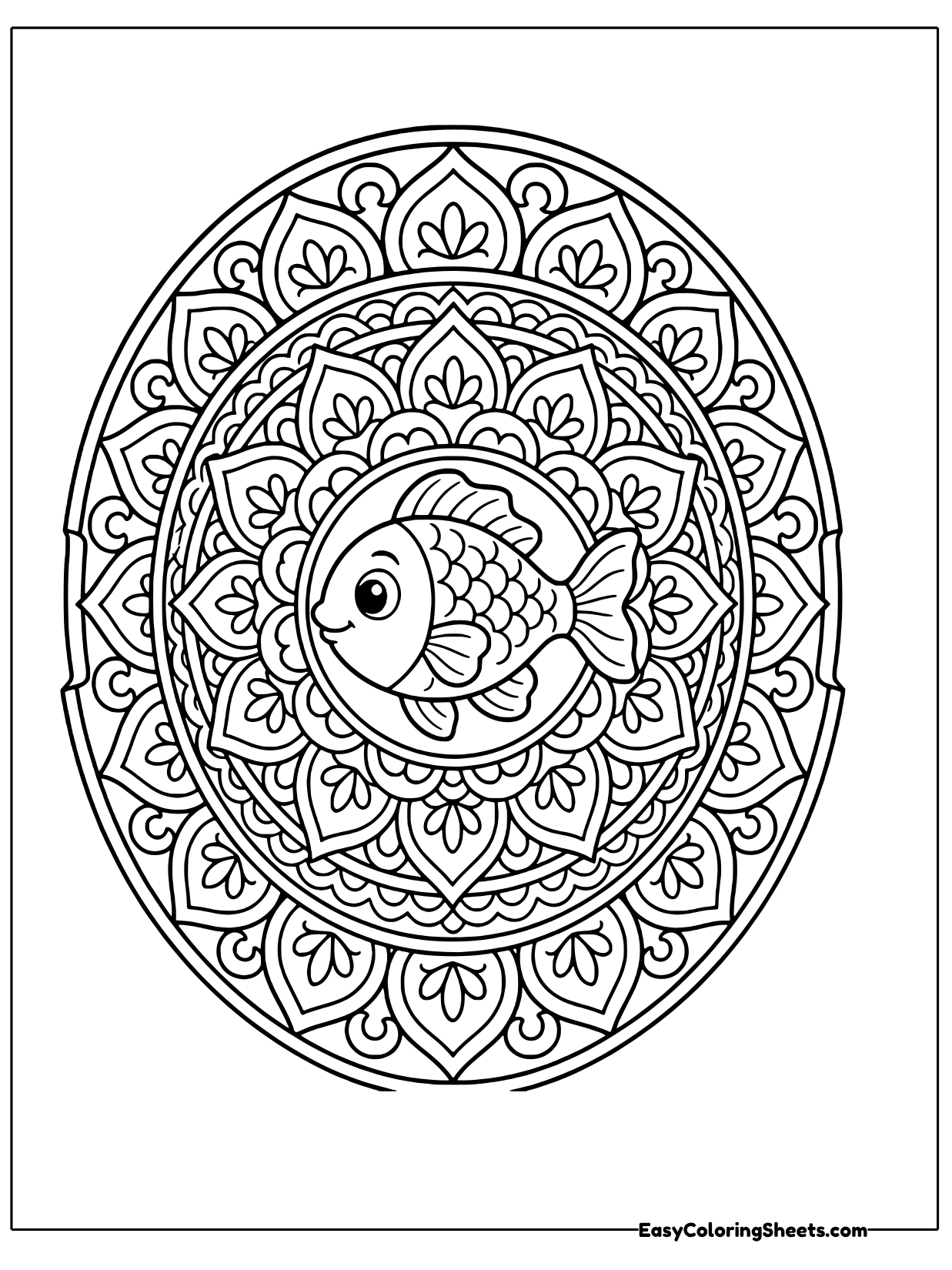 A fish swims at the center of an oval mandala made of circles, scales and leaves.