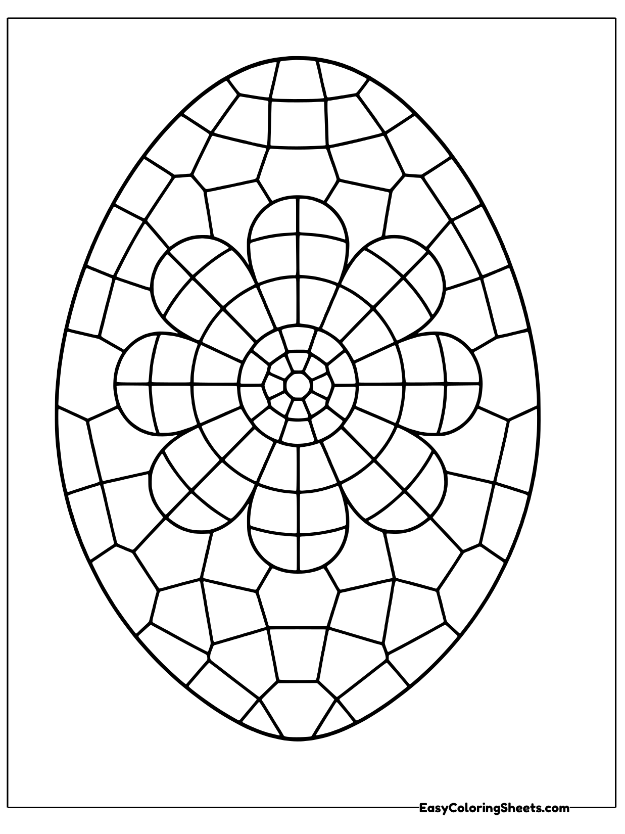 An egg shape is filled with a mosaic flower pattern radiating from the center.
