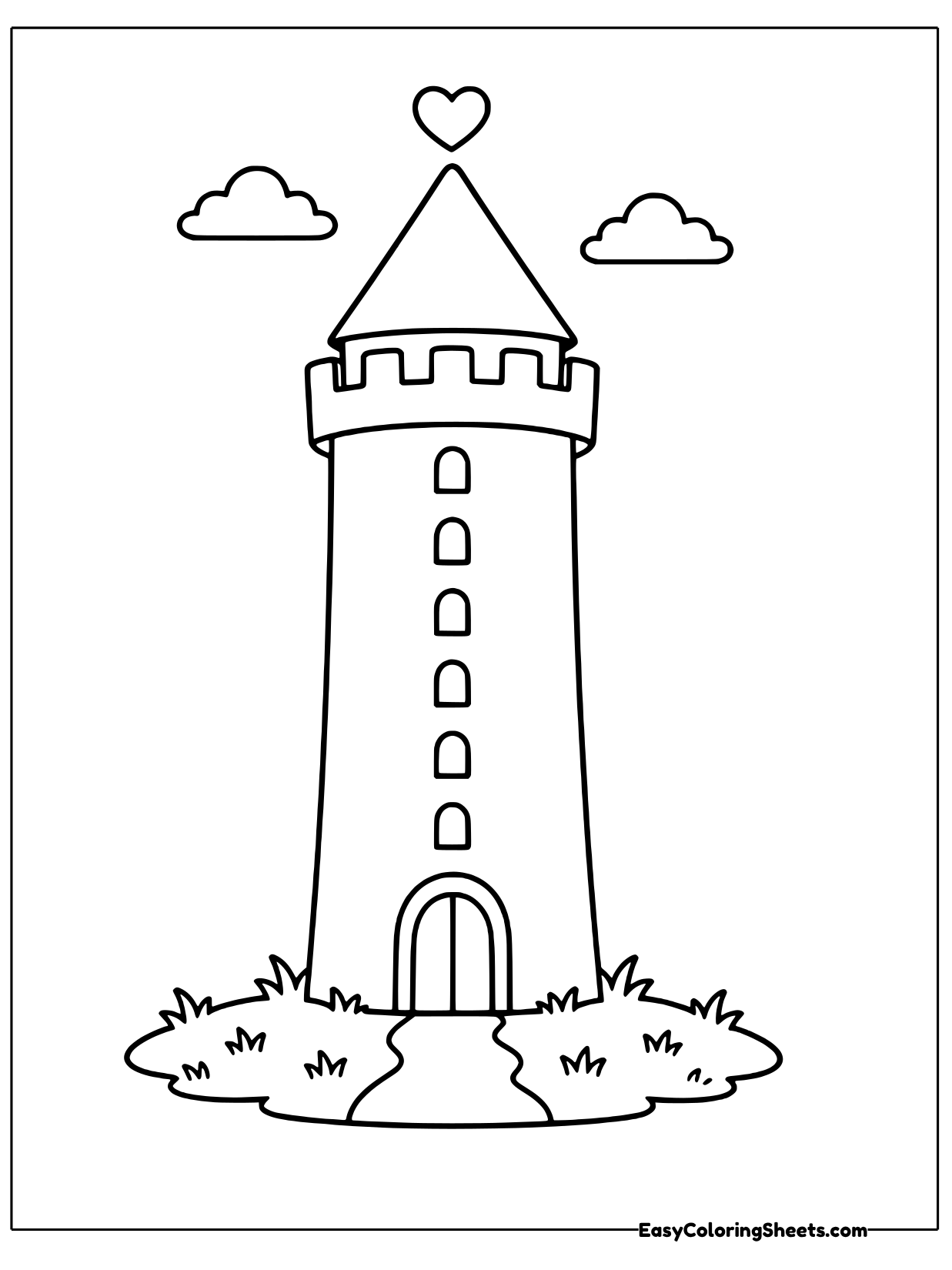 A tall thin tower with a cone roof and battlements looks almost like a pencil standing on end, with a door at its base.