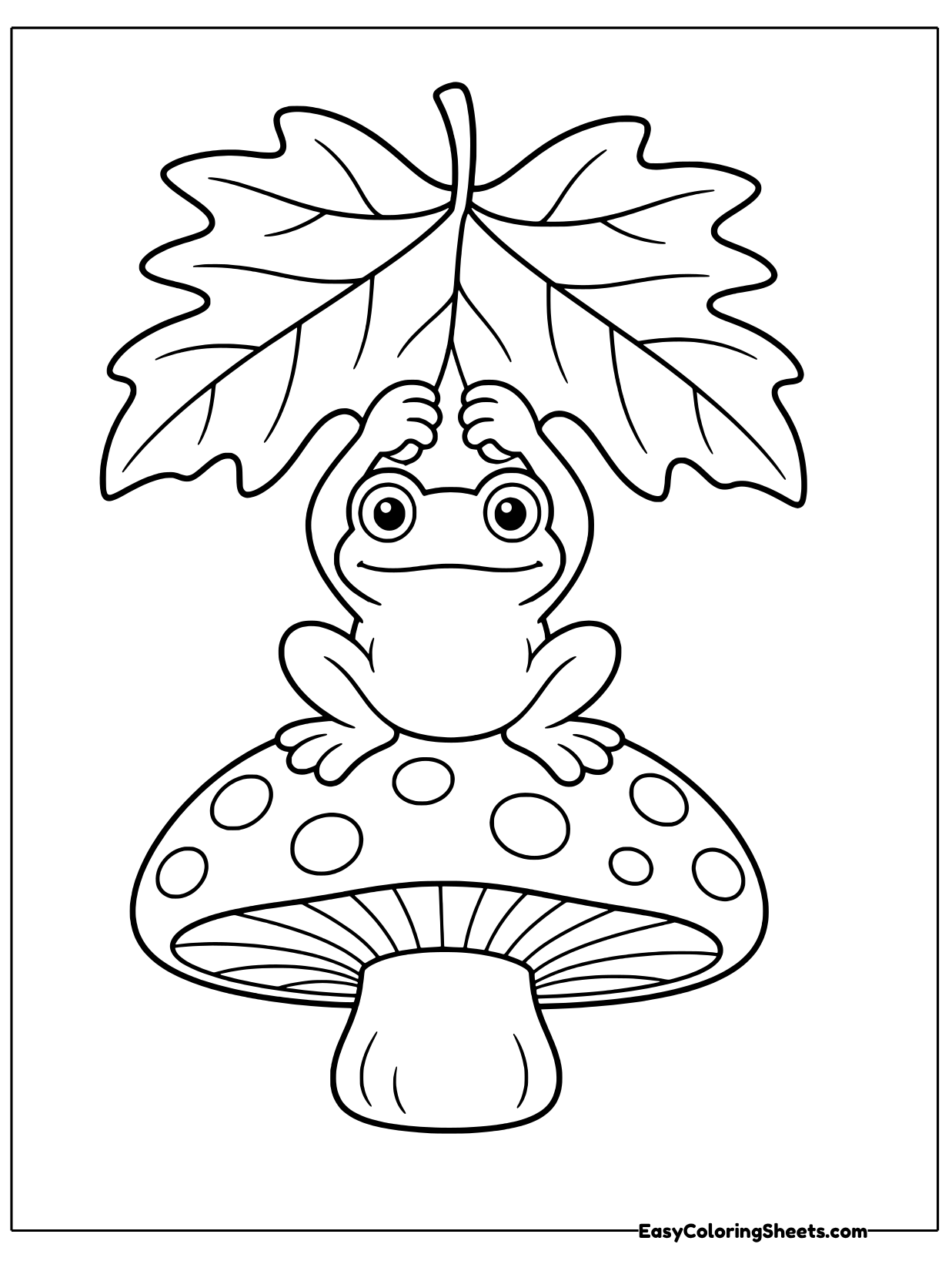 A smiling frog sits on top of a spotted mushroom and holds a giant maple leaf over its head like an umbrella.