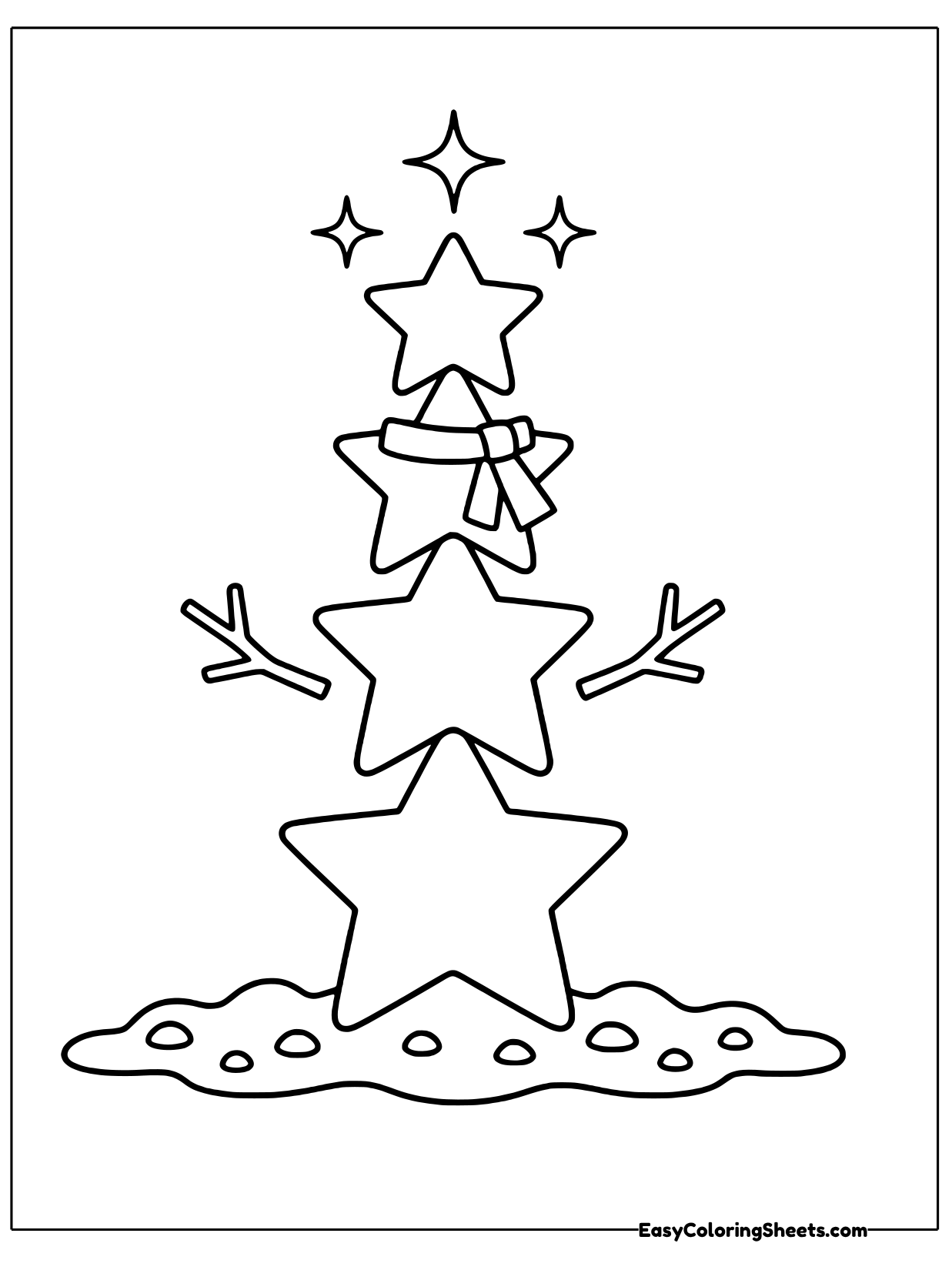Three stars of different sizes stack on top of each other with stick arms sticking out, like a snowman made of stars.