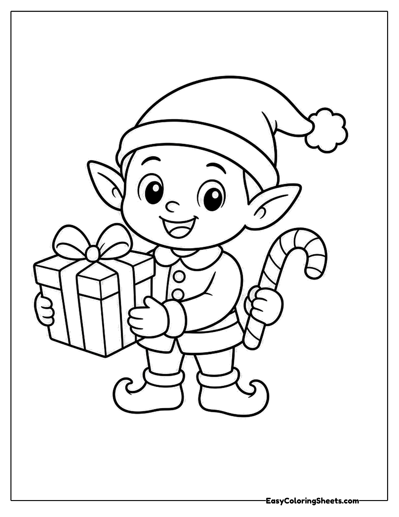 Christmas elf holding a gift and candy cane