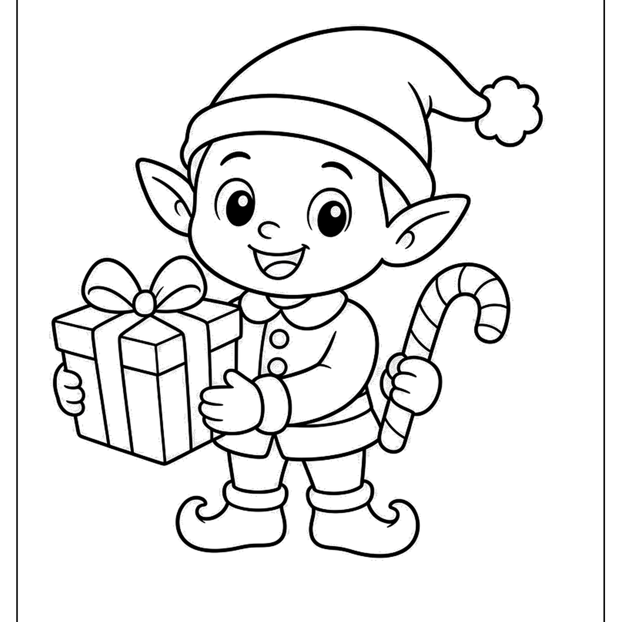 Christmas elf holding a gift and candy cane