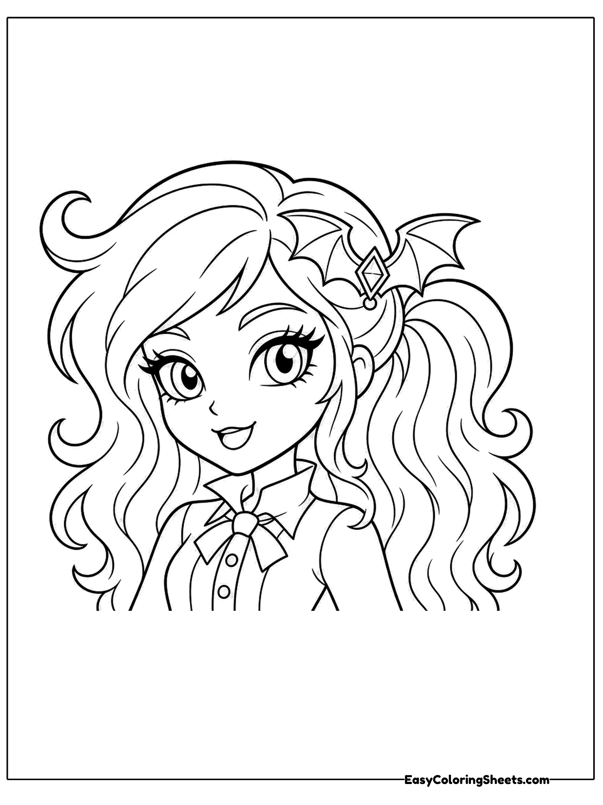 A girl with very long wavy hair, big eyes and a bat-shaped hair clip smiles at the viewer in a collared top with a bow.