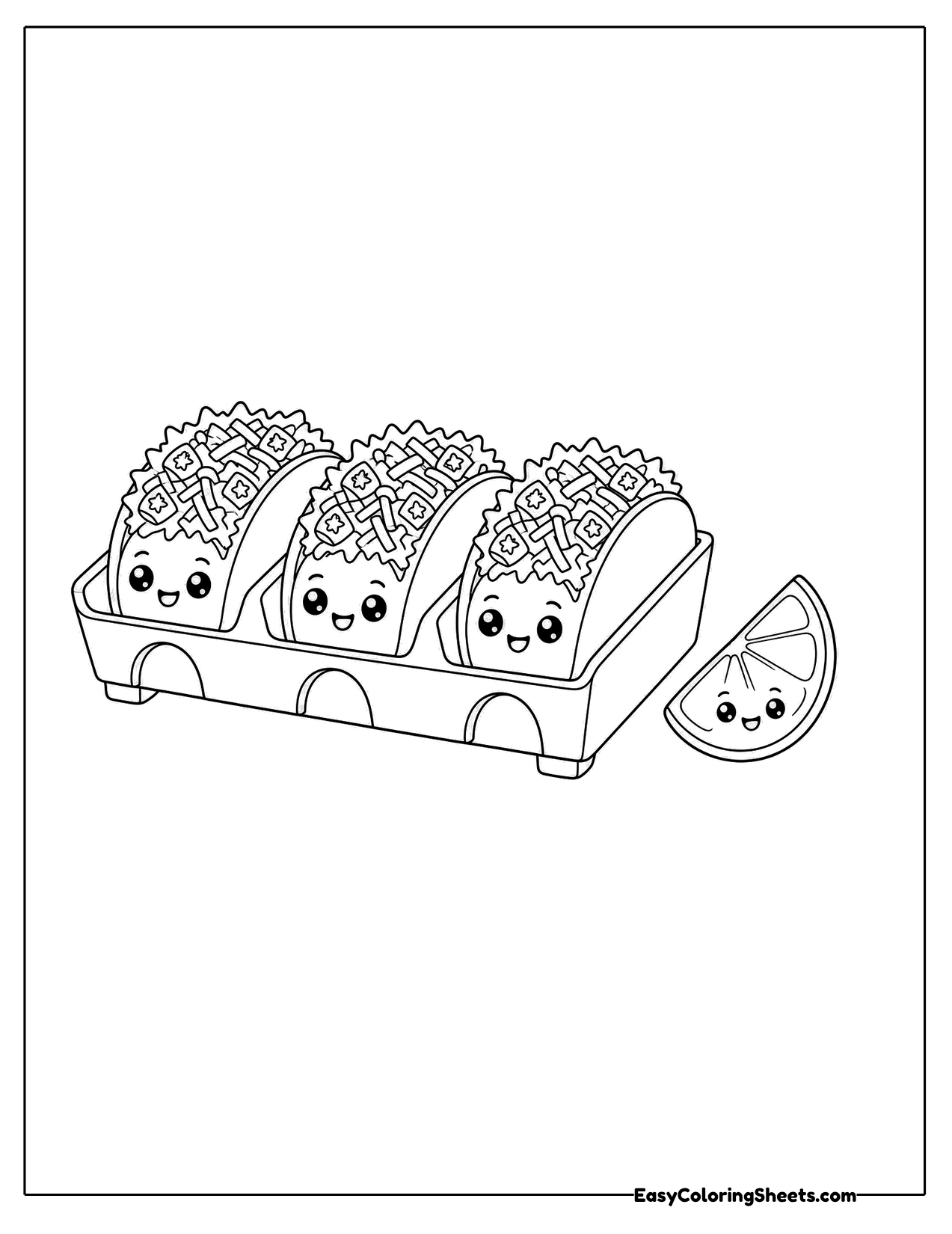 Tray of smiling tacos with a lime wedge