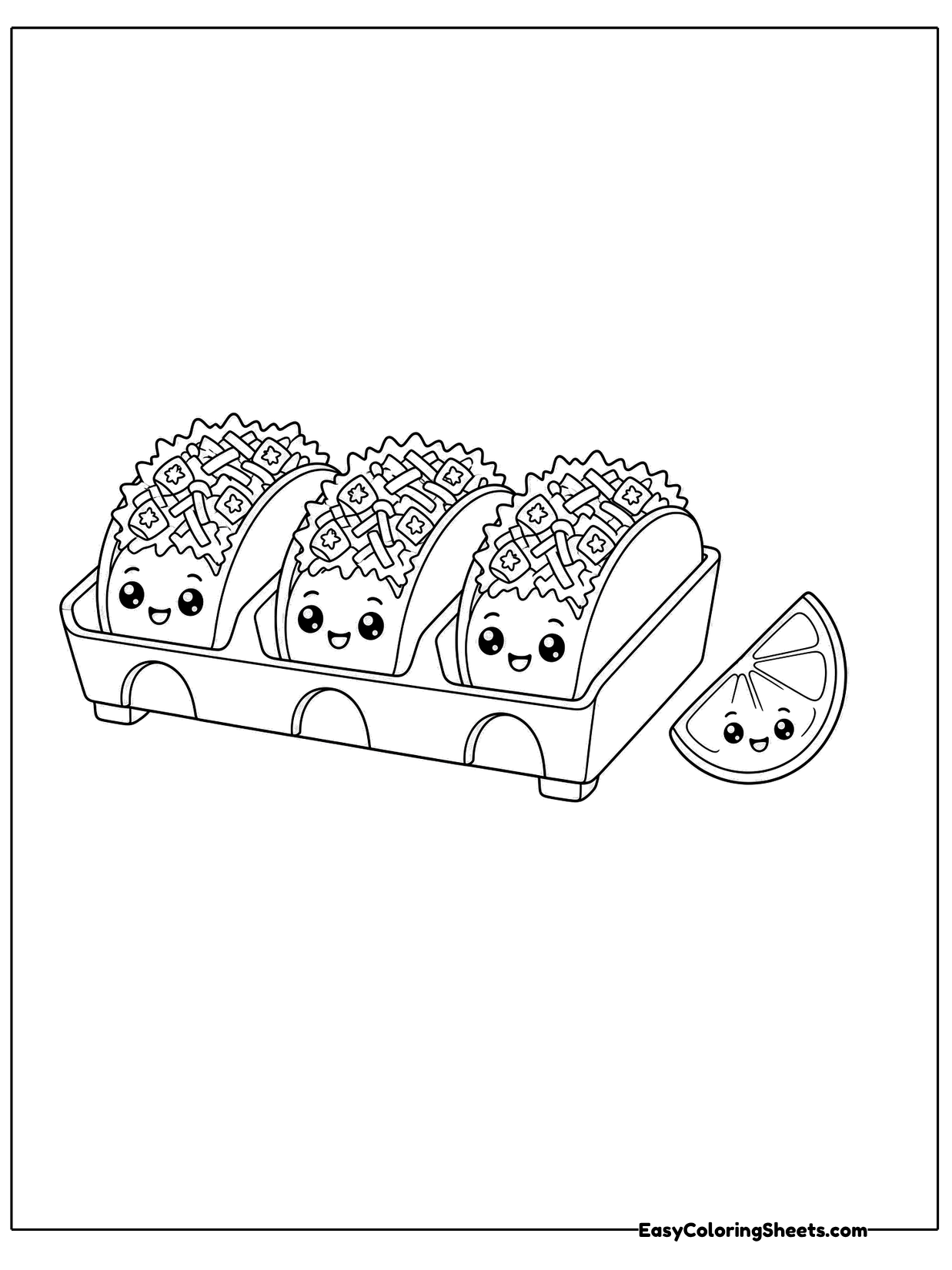 Three tacos with happy faces line up in a holder, stuffed with lettuce and fillings, while a lime slice smiles beside them.