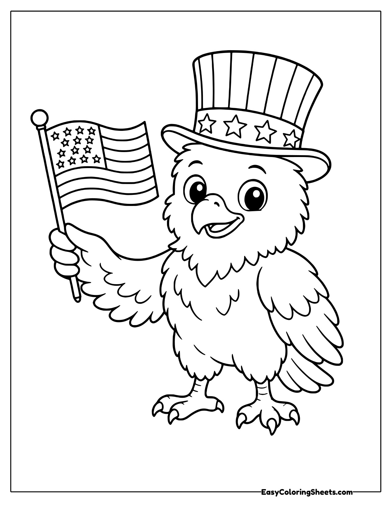 Young cartoon eaglet in a stars and stripes top hat waving a small flag