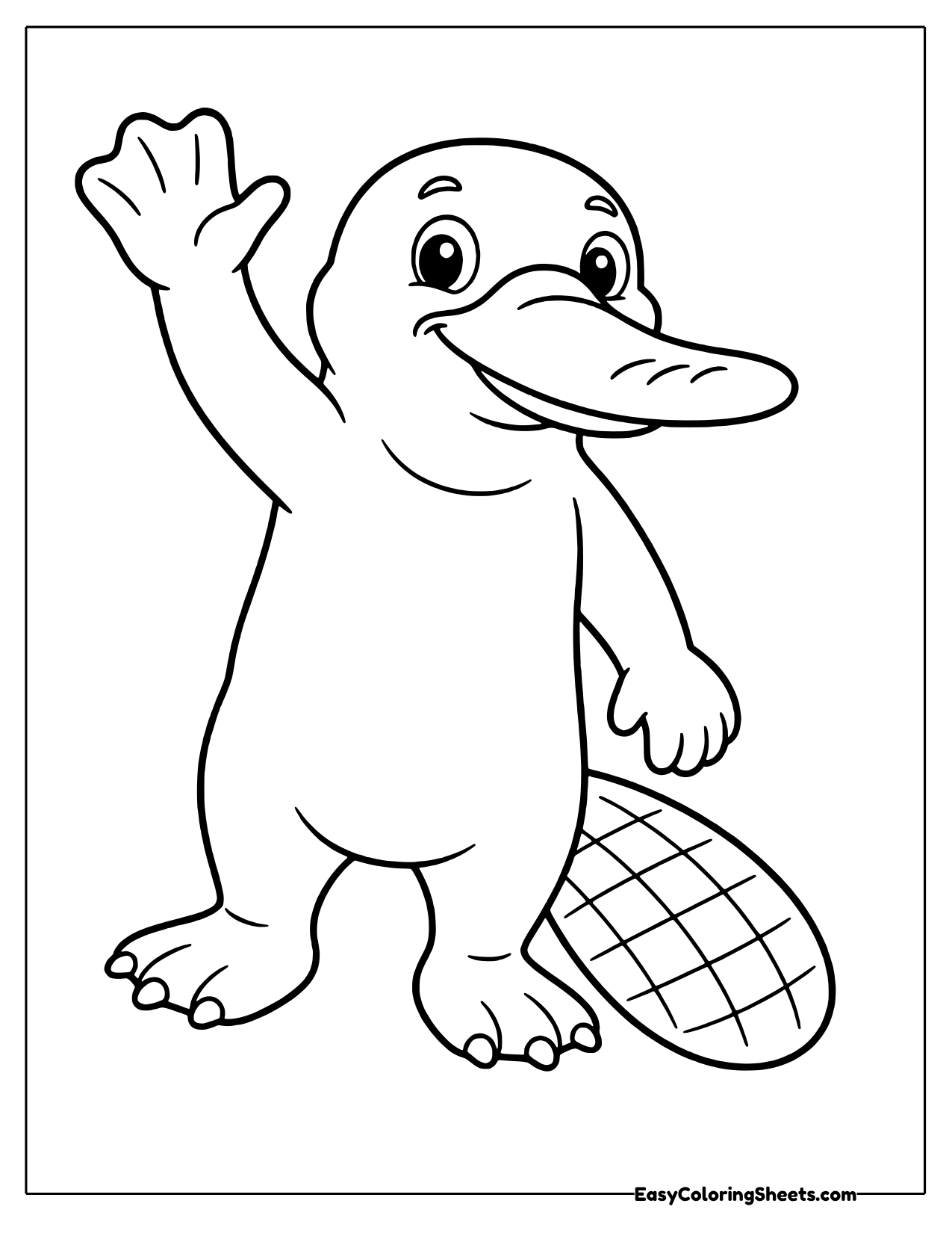 A platypus stands tall and waves one webbed hand with a wide happy bill.