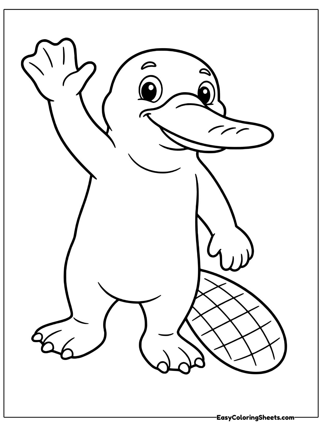 A platypus stands tall and waves one webbed hand with a wide happy bill.