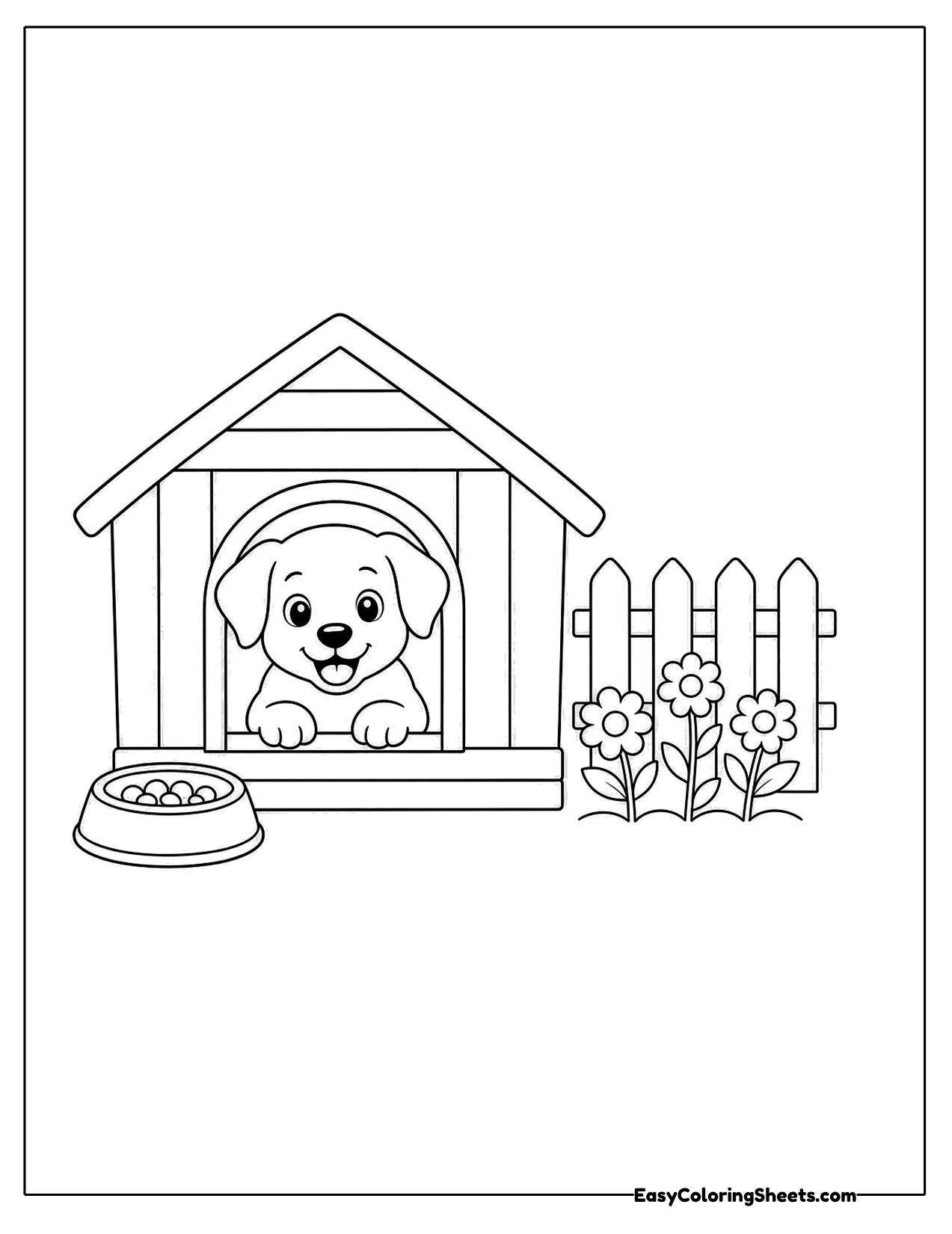Puppy peeking out of a doghouse