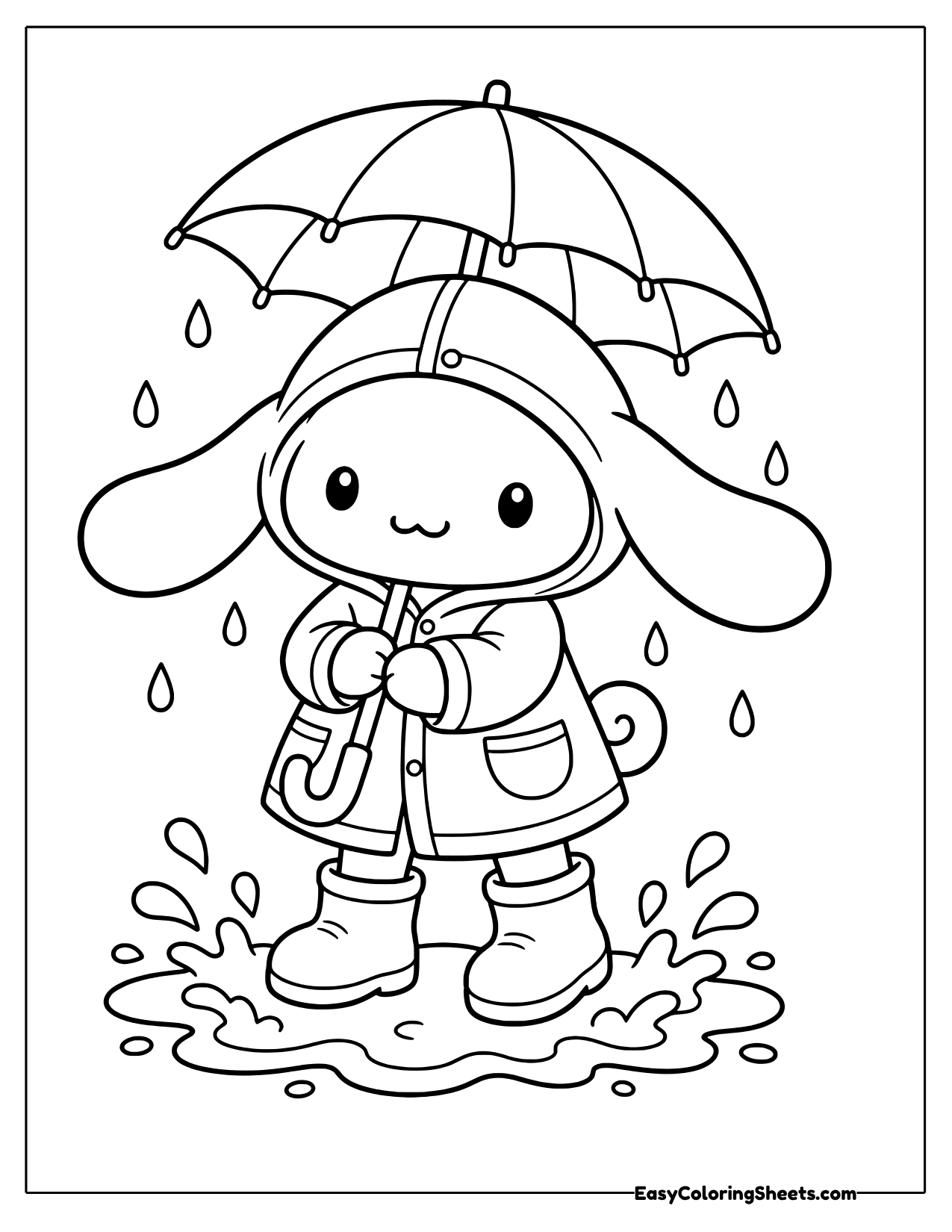Cinnamoroll in a raincoat and rain boots holding an umbrella in a puddle