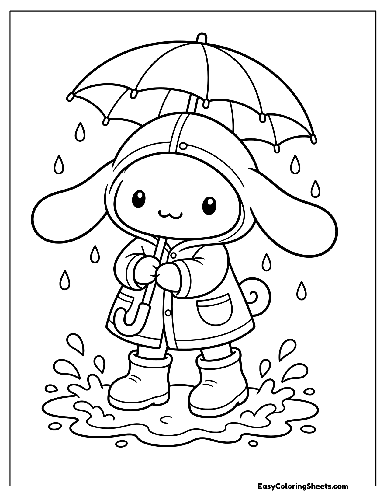 Cinnamoroll in a raincoat and rain boots holding an umbrella in a puddle