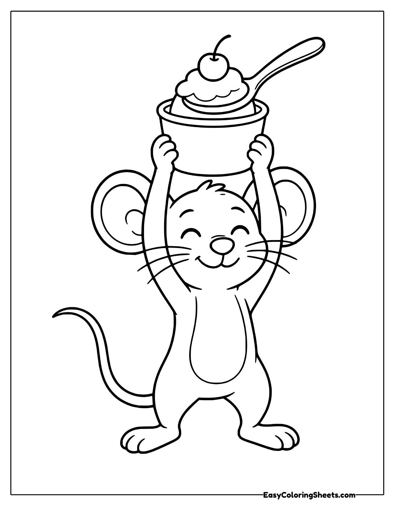 Happy mouse lifting a yogurt cup topped with a cherry and spoon