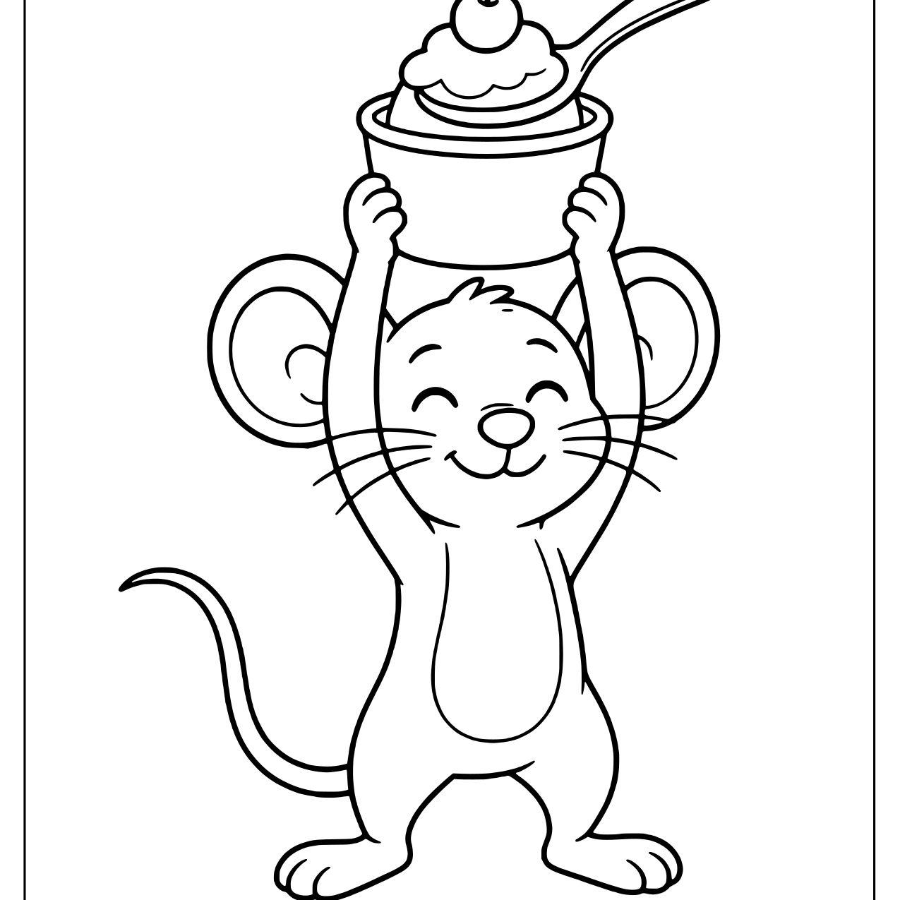 Happy mouse lifting a yogurt cup topped with a cherry and spoon