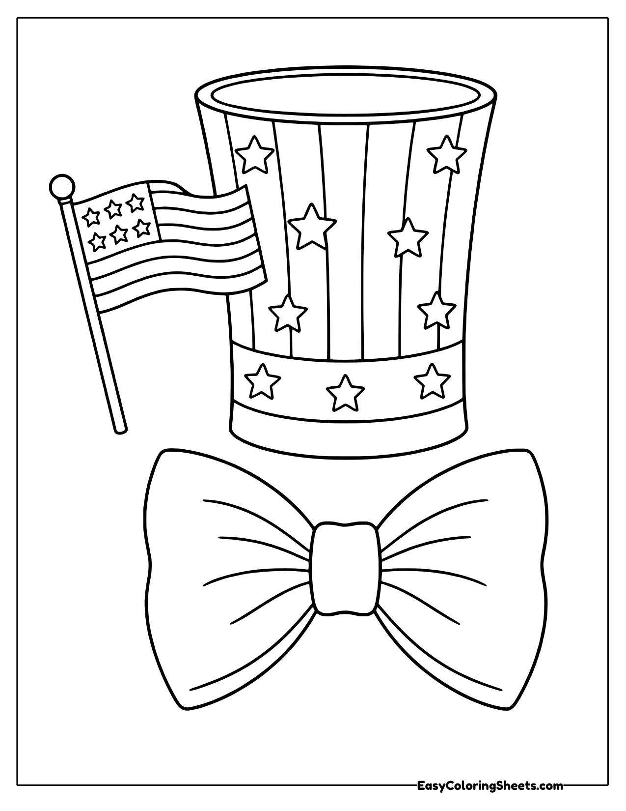 Striped Uncle Sam top hat with stars, bow tie and a small American flag coloring page
