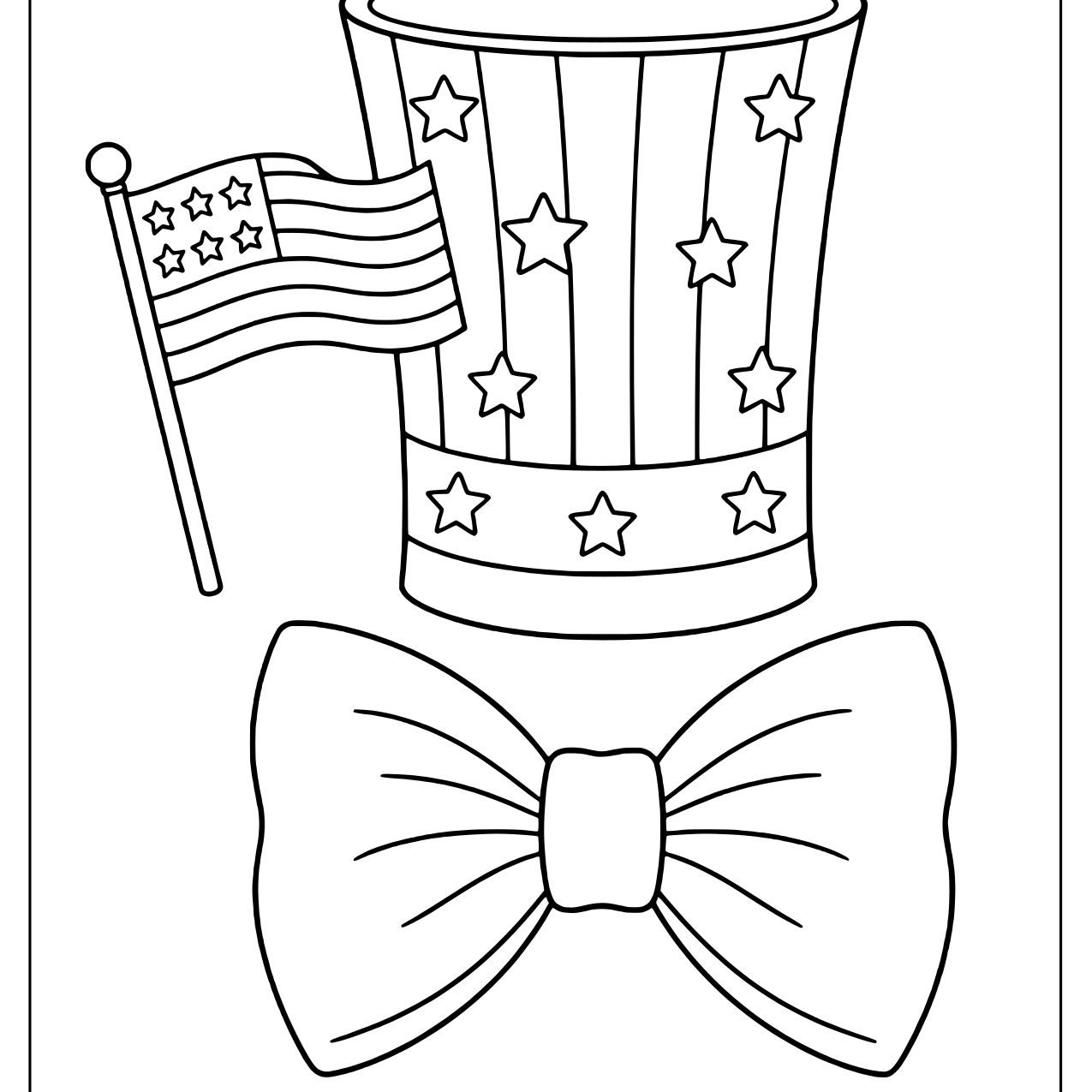 Striped Uncle Sam top hat with stars, bow tie and a small American flag coloring page