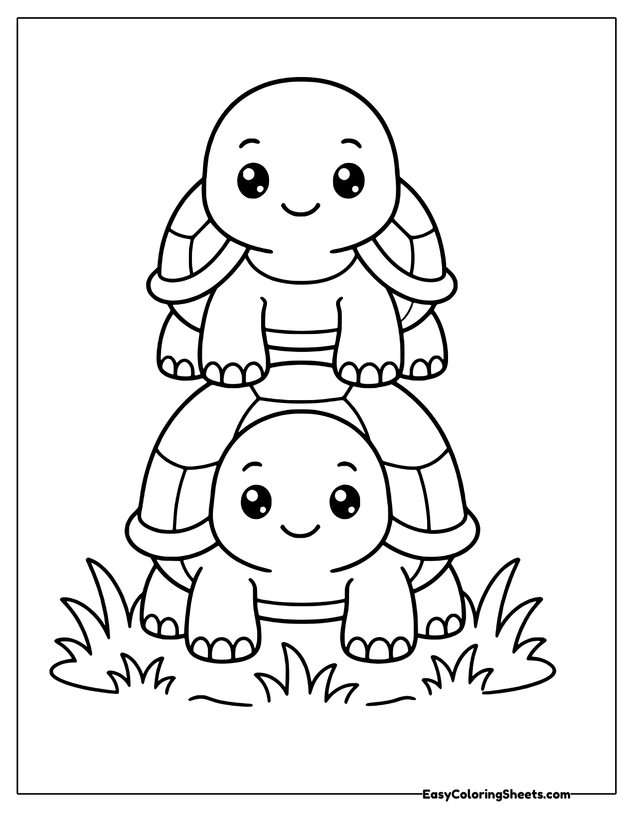 One smiling turtle sits on top of another, both looking happy to be stacked together.