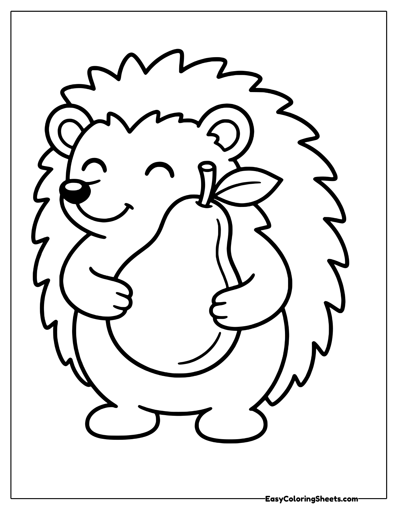 Round hedgehog hugging a pear with a leaf