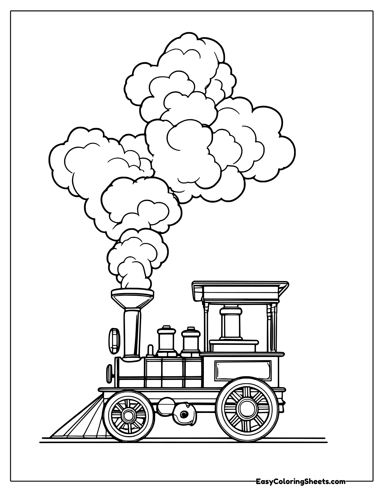 Small toy steam engine with a boxy cab and a tall stack of puffy smoke clouds