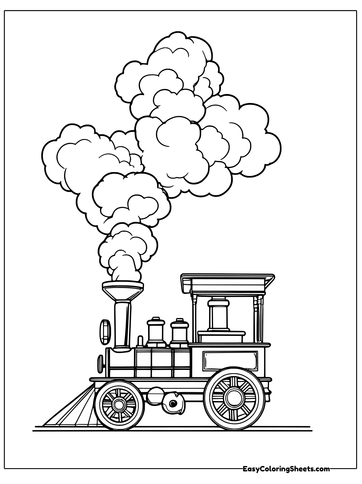 A little toy steam engine with a boxy cab and round wheels chugs along while a tall stack of puffy clouds rises from its.