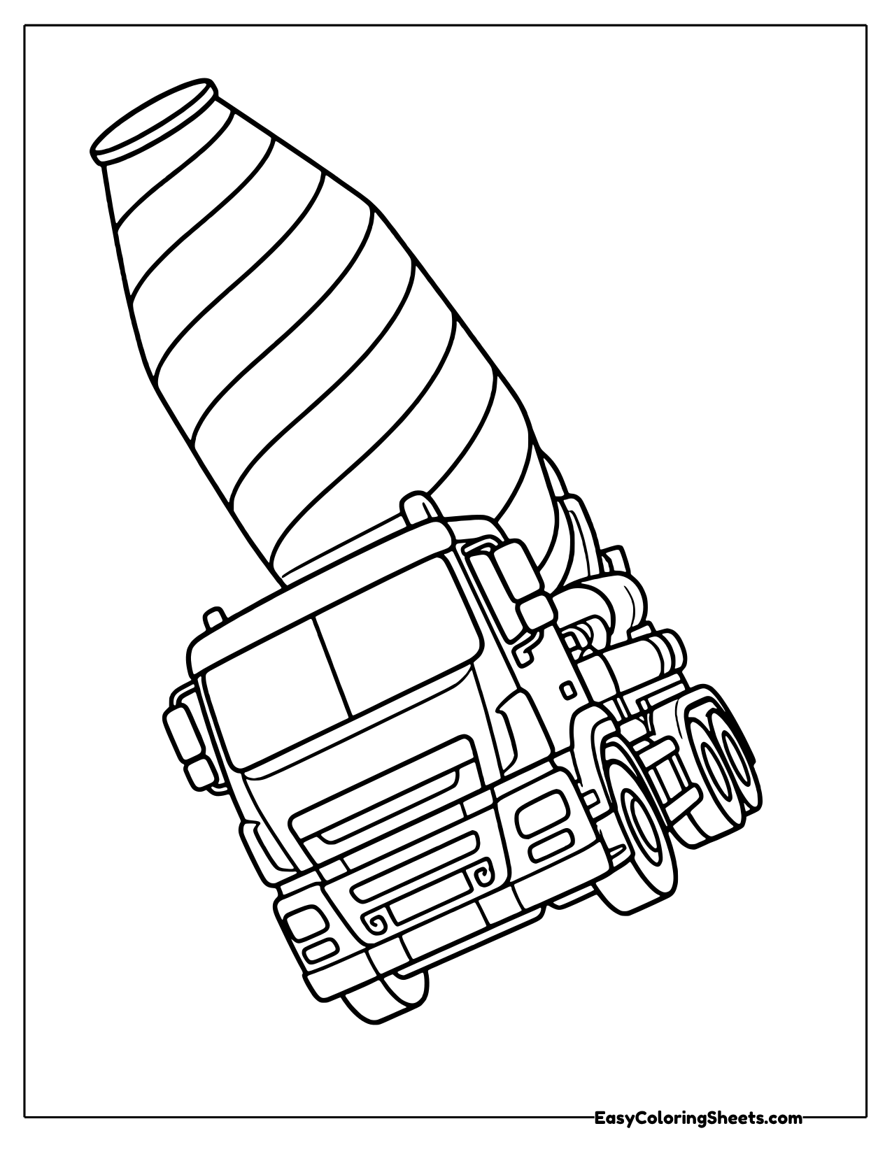 Cement mixer truck with a large striped drum and big wheels