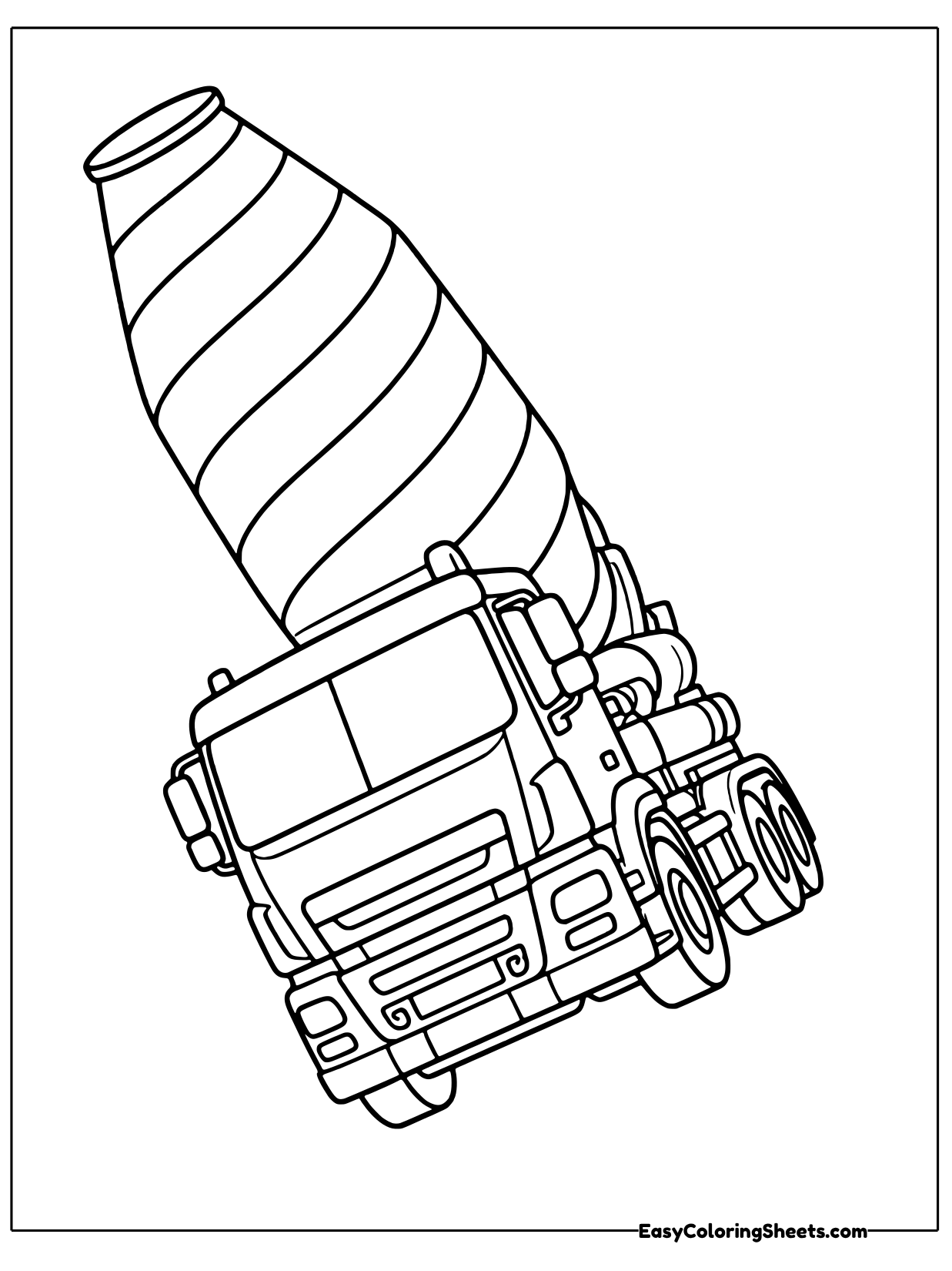 A cement mixer truck rolls forward with its big striped mixing drum tilted up behind the cab.